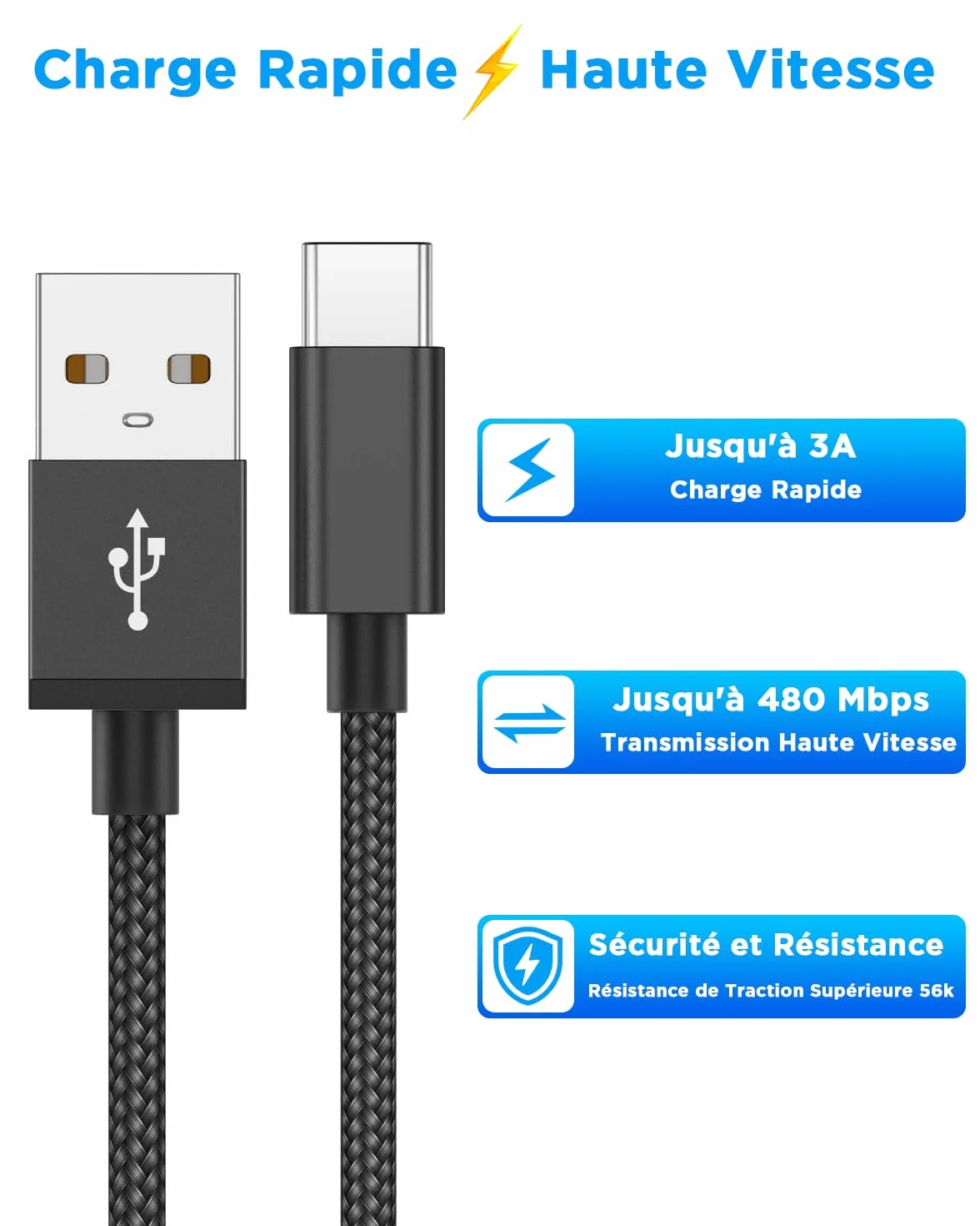 Aioneus Câble USB C Lot de 2 2M+1M Charge Rapide 3A Tressé Type C pour Samsung Galaxy S21 S22 S23 S24 S8 A21s A34 A53 iPhone 15 16 Google Pixel Xiaomi