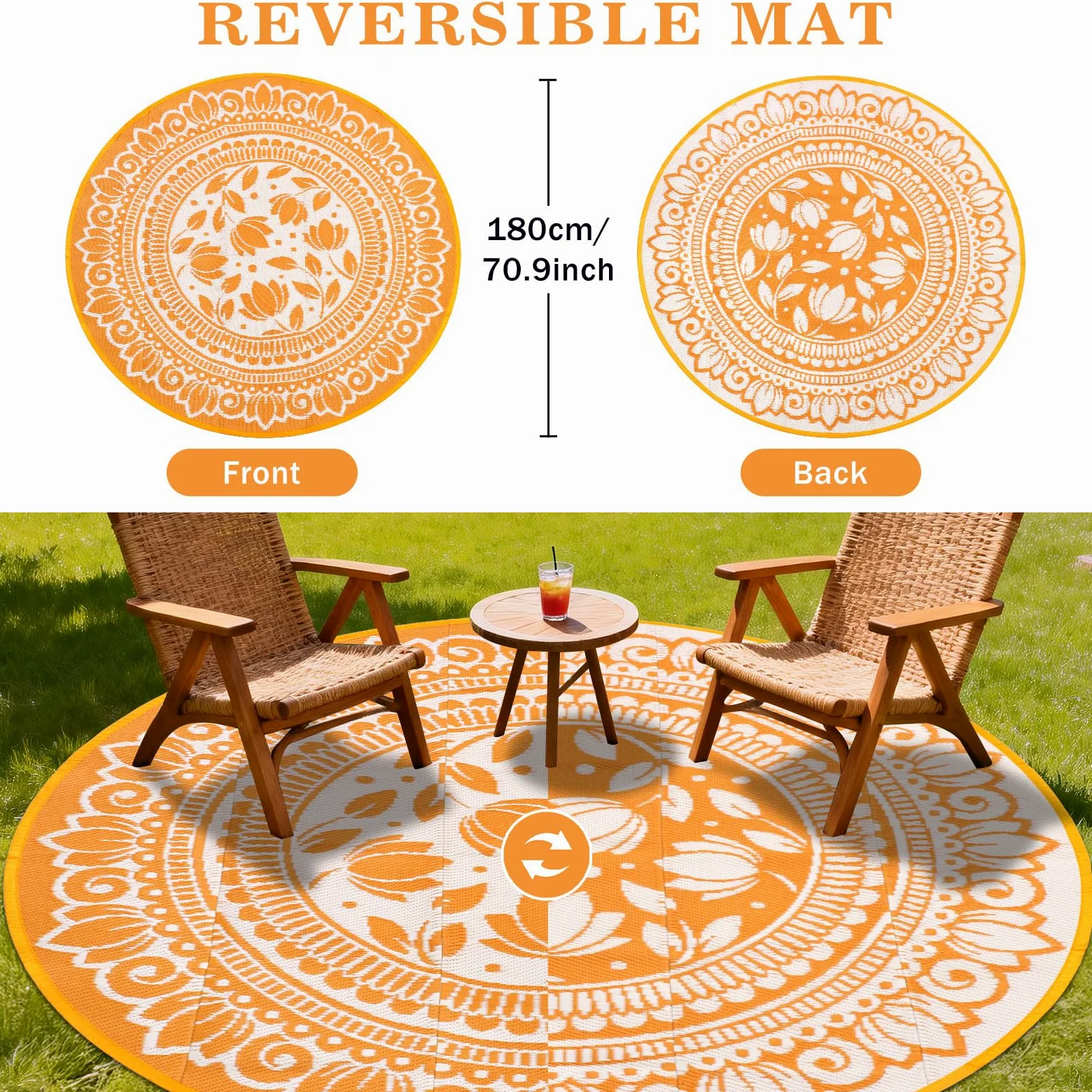 Tapis d'extérieur rond, noir, 180 cm, style bohème, résistant aux intempéries, réversible, en plastique, résistant aux UV, pour camping-car, camping, terrasse, plage, jardin, pique-nique
