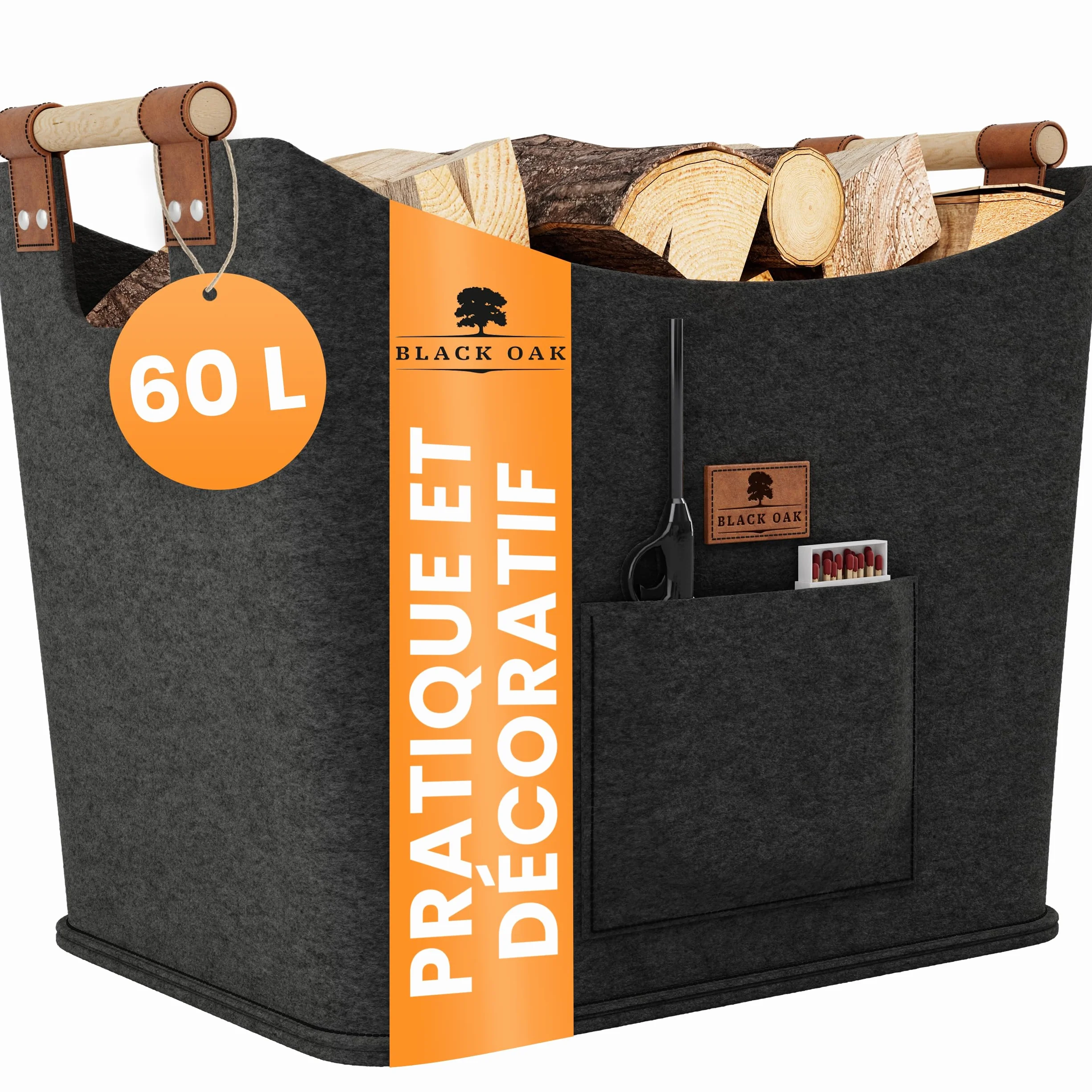 BLACK OAK Montana XL Panier en feutre et bois pour bois de chauffage, cuir véritable, poignées larges, poche avant extra grande, pliable