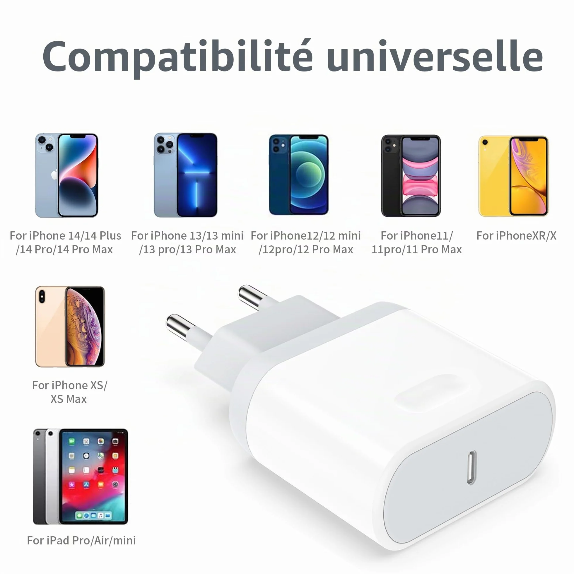 Chargeur Rapide 25W USB C Ecowaare pour iPhone 14 13 12 11 X SE 8 7 6 iPad avec Câble 2M