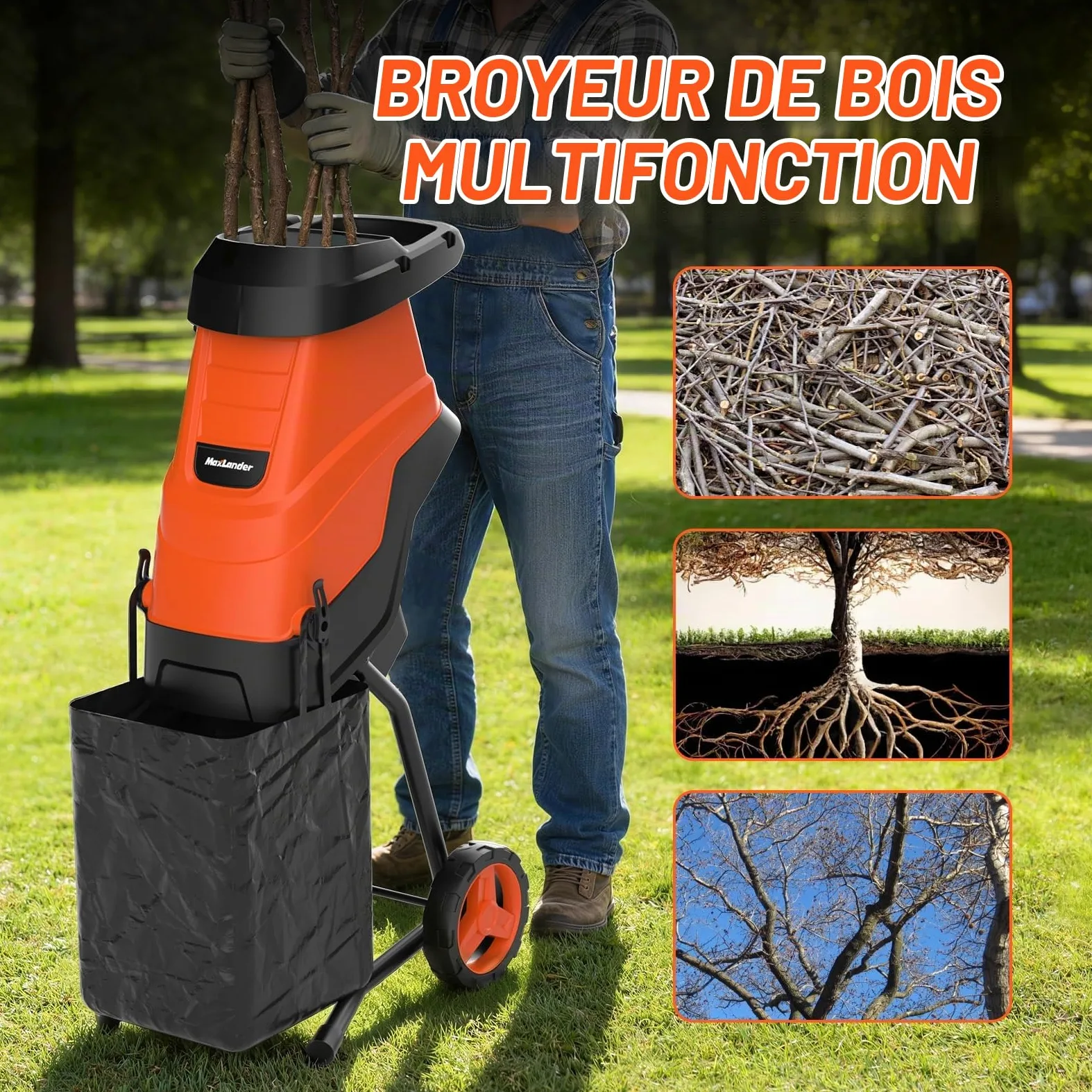 MAXLANDER 2600W broyeur vegetaux et Branches | Broyeur végétaux thermique 45 mm, lames SK5 double face + bac 45 L, pour compost et nettoyage jardin