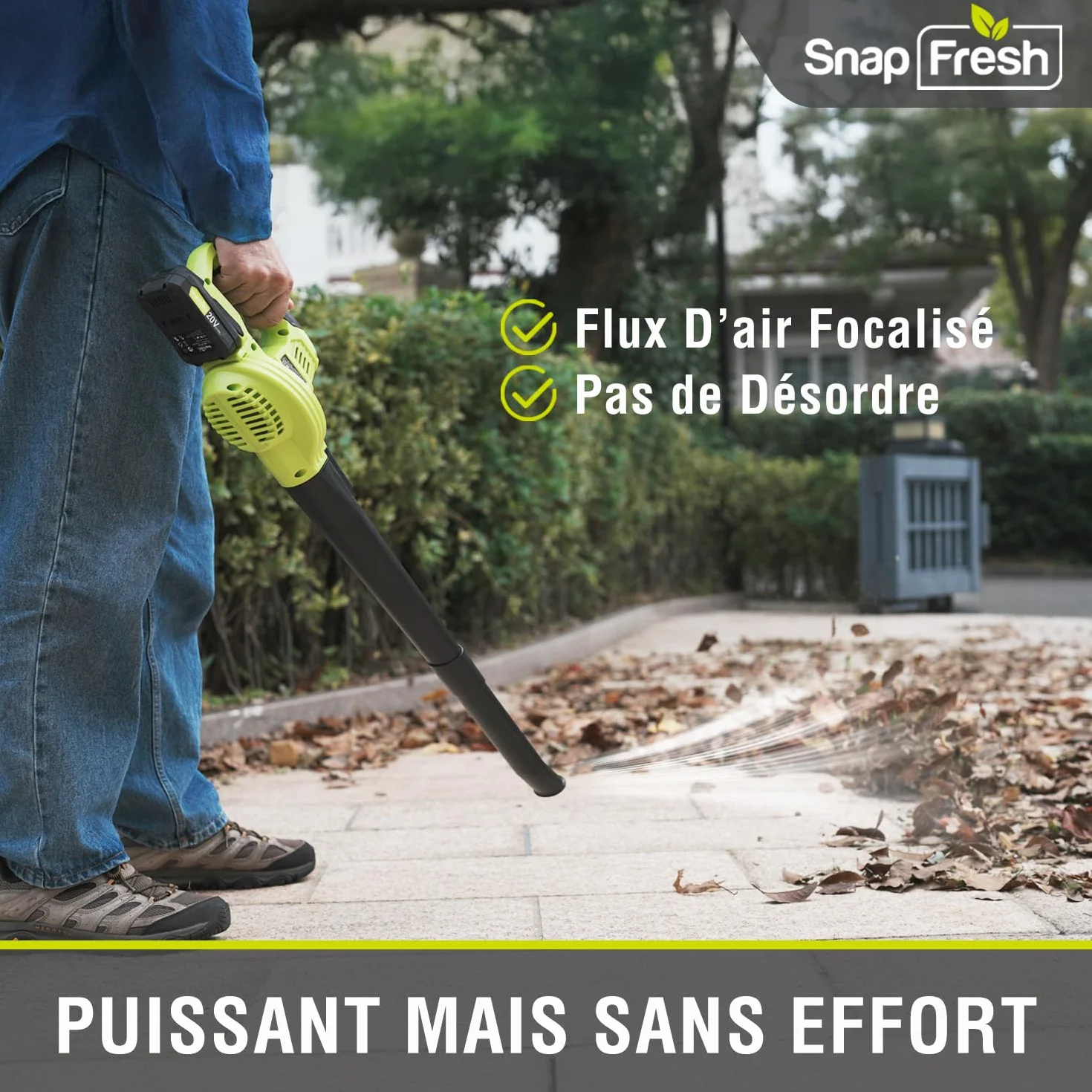 SnapFresh Souffleur Batterie 20V Léger 1,2 kg - Souffleurs de Feuilles sans Fil 210 km/h 240m³/h, 2 Vitesses, avec Batterie et Chargeur - pour Terrasses, Garages, Entrées et Jardins Domestiques (Vert)