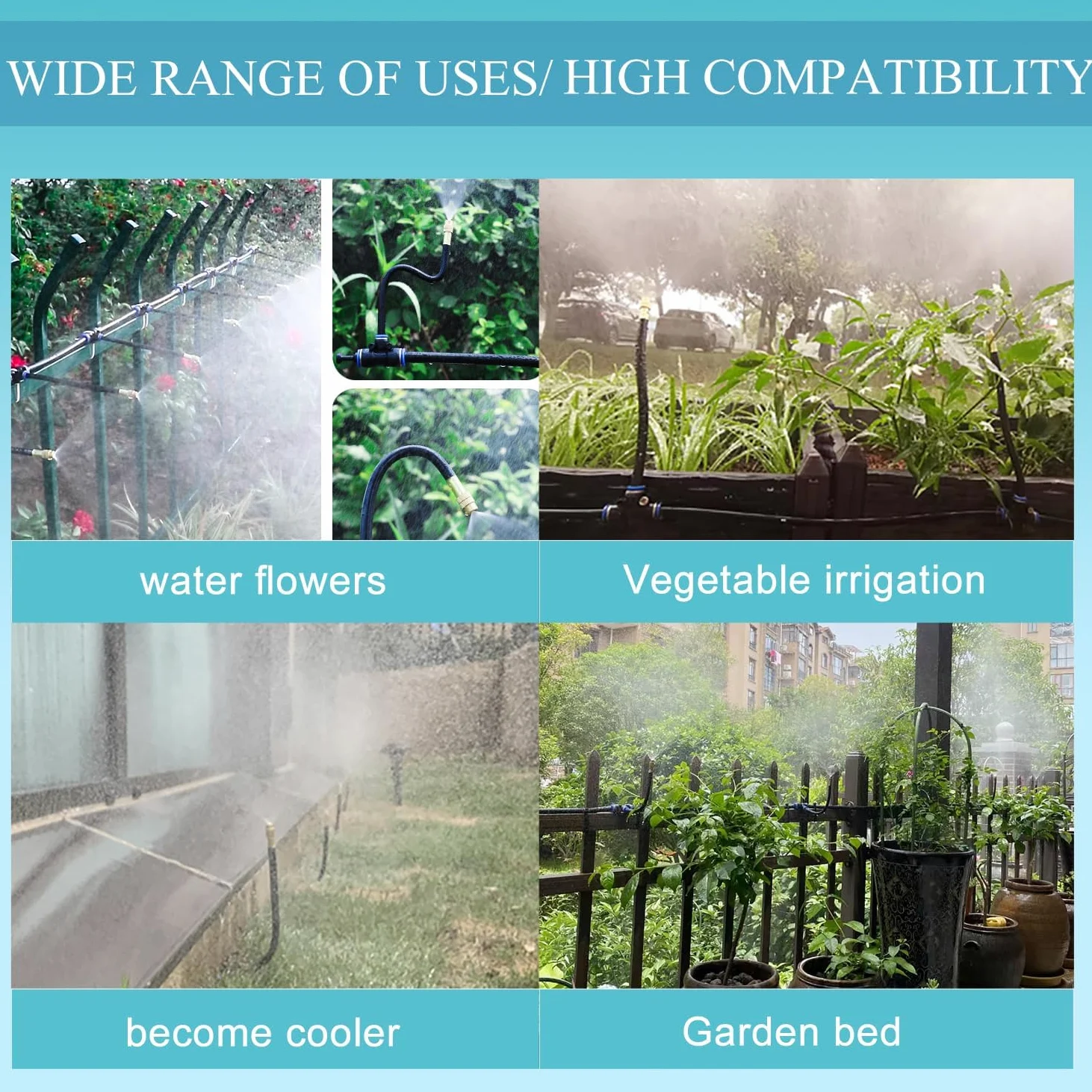 Kit d'irrigation goutte à goutte flexible à 360 ° avec tuyau de brume – Système d'irrigation automatique réglable pour jardin, pelouse et plantes (installation facile, configuration en 6 étapes)