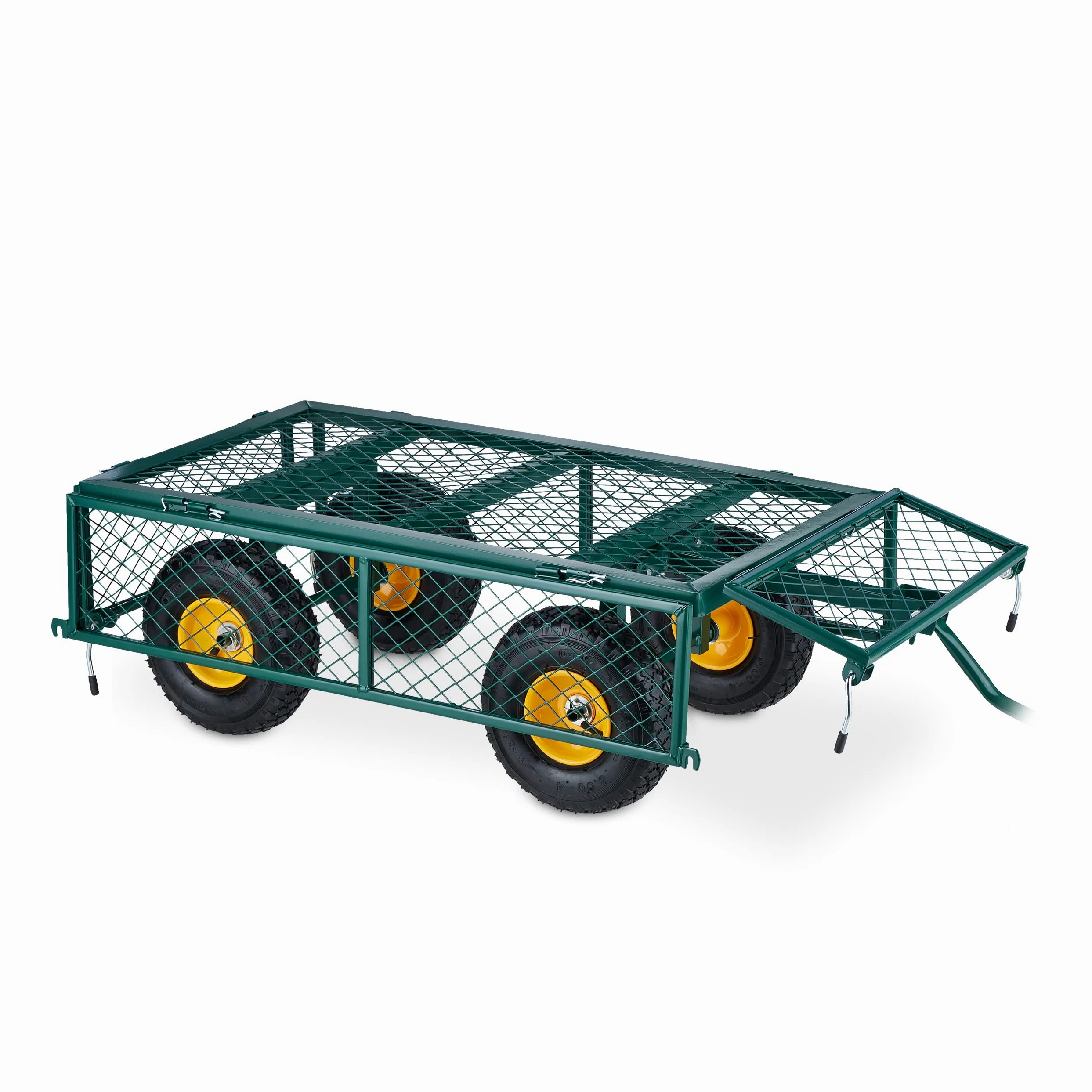 Relaxdays Chariot de Jardin Pratique, Roues pneumatiques, Parties latérales Pliables, Charge Max. 200 kg, Vert/Jaune