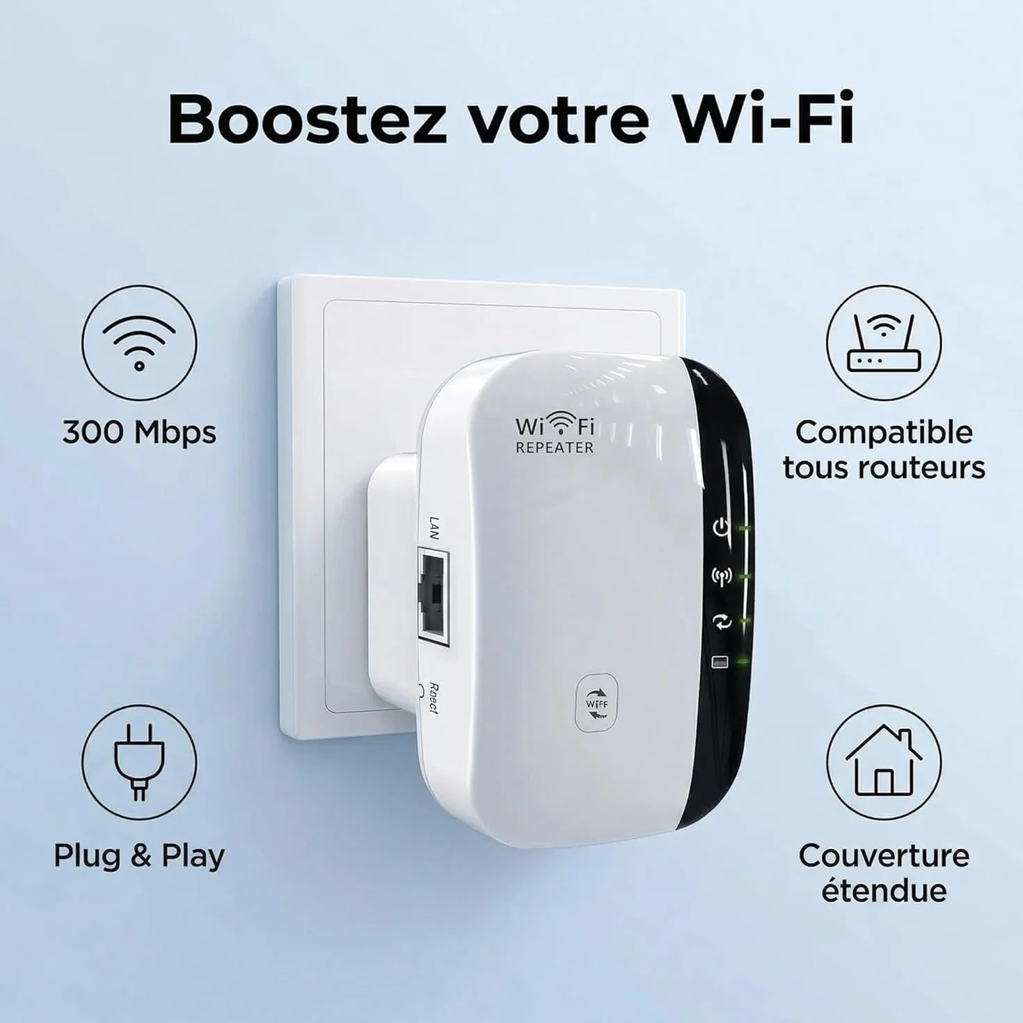 Amplificateur WiFi répéteur 300 m² 45 appareils Port Ethernet Installation Rapide Prise européenne