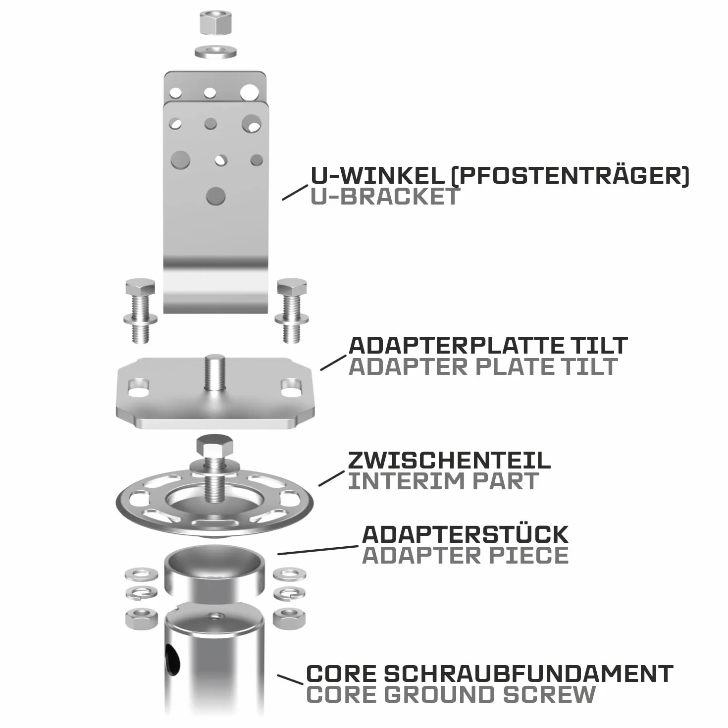 Lot de 2 fondations à vis TILT 100 cm support poteau 8 cm angle en U galvanisé à chaud diamètre 60 x 2 mm M12