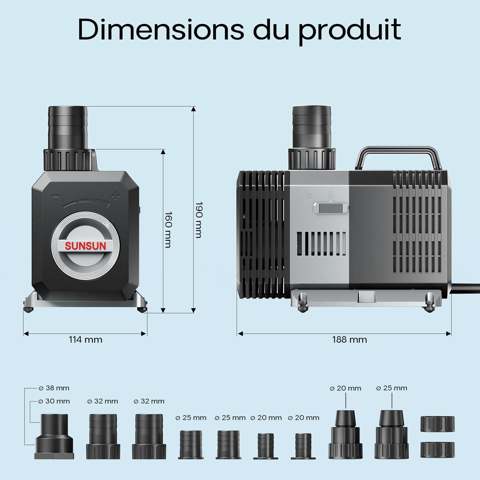 SunSun CTP-5000 Pompe de Bassin SuperECO - 188 x 114 x 190 mm - débit max. 5000 l/h / 30 W/refoulement max. 3,3 m - avec câble 10 m - Filtration Circulation Écumeur eau jardin étang