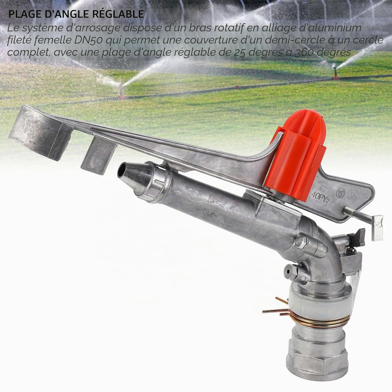 Arroseur D'irrigation de Ferme Agricole de 2 Pouces, Arroseurs de Pelouse Rotatifs à 360 ° pour Cour, Pistolet de Pulvérisation D'irrigation avec Angle Réglable, Filetage Femelle