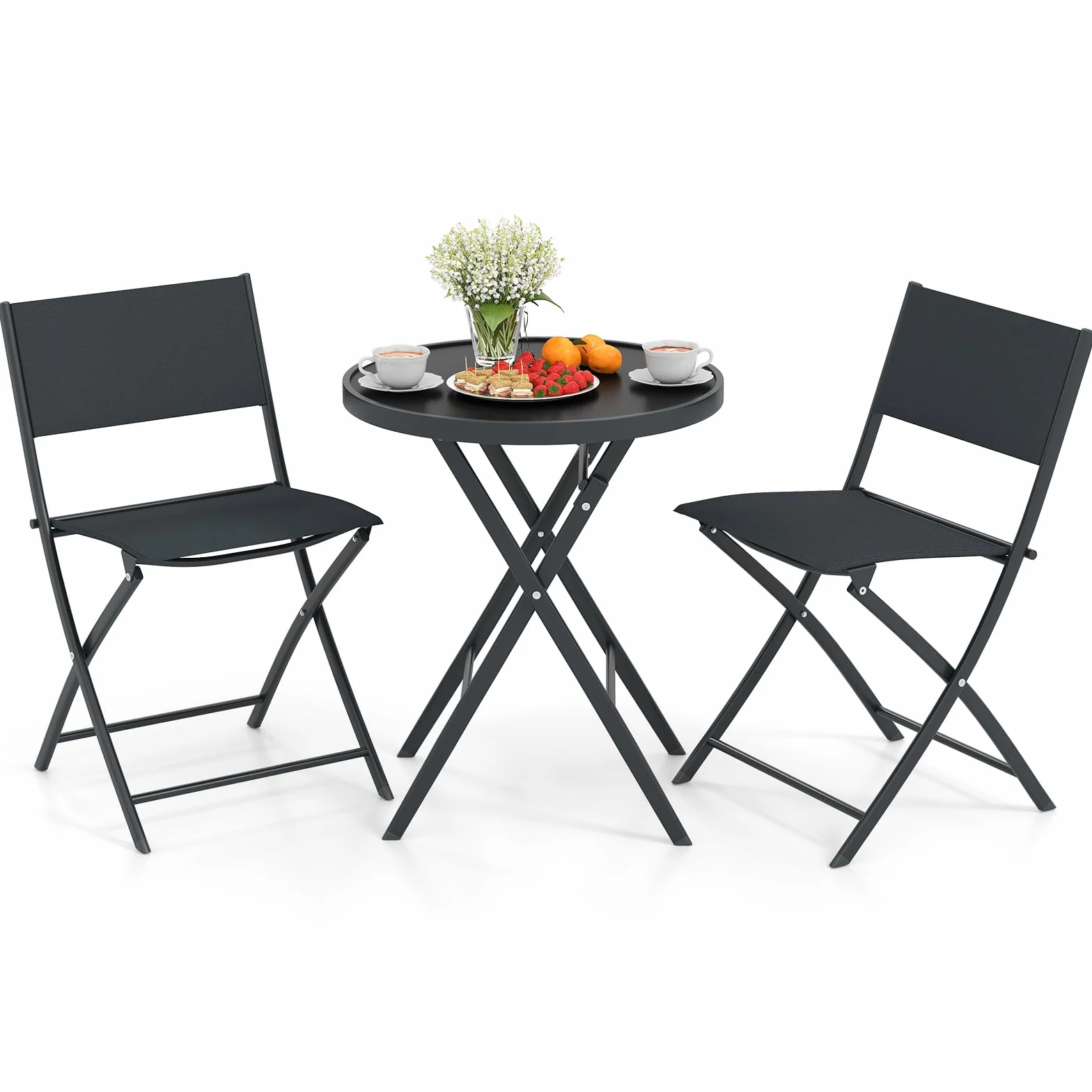 GIANTEX Ensemble Salon de Jardin 3 Pièces Table Ronde Pliante Verre Trempé 2 Chaise Pliantes Tissu Respirant Noir