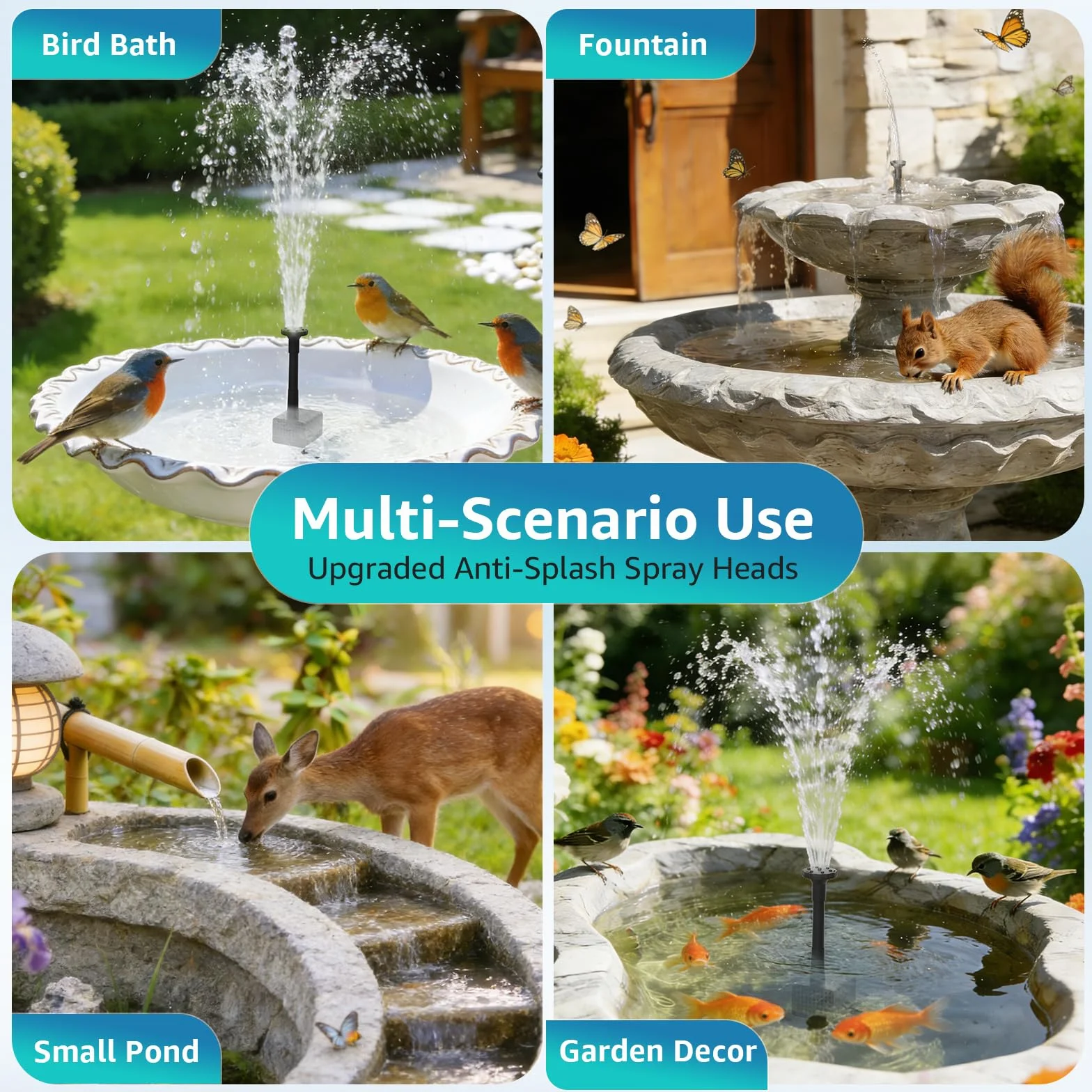 Pompe Solaire pour Fontaine à Oiseaux 4 W câble Secteur 3 m Support de Sol réglable 5 Modes de pulvérisation Tuyau 1,2 m Anti-séchage silencieuse