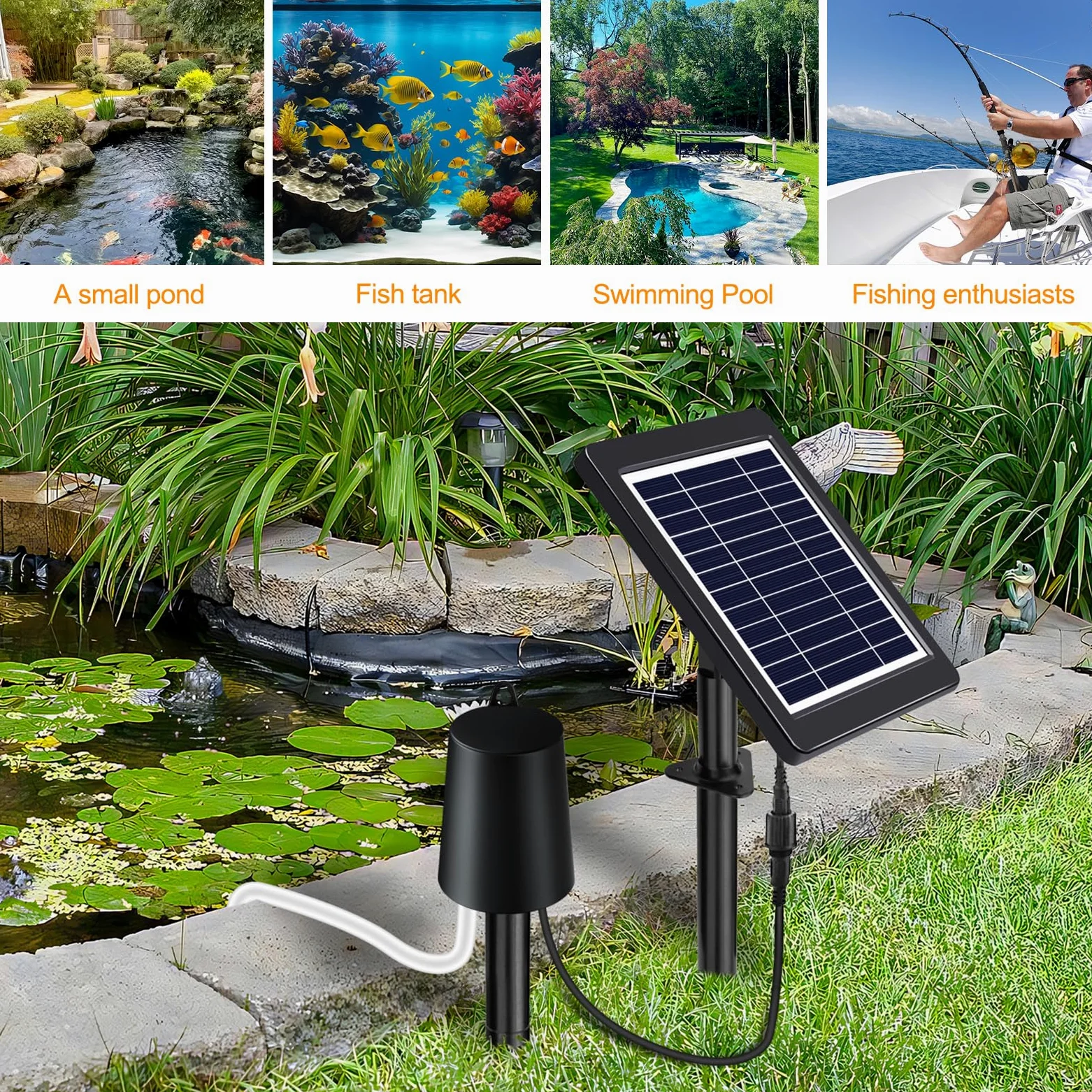Aérateur de bassin solaire 4W 2200mAh 3 modes et sans bruit avec 2 pierres à bulles d'air | Pompe à air solaire pour étang - Oxygénateur solaire pour étang - Piscine