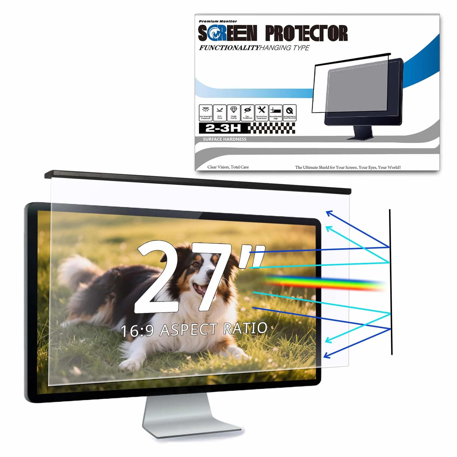 Filtre d'Écran Anti-Lumière Bleue 27 Pouces pour Moniteur 16:9 – Protection Anti-UV, Anti-Reflet, Anti-Éblouissement (61,3 x 37 cm)