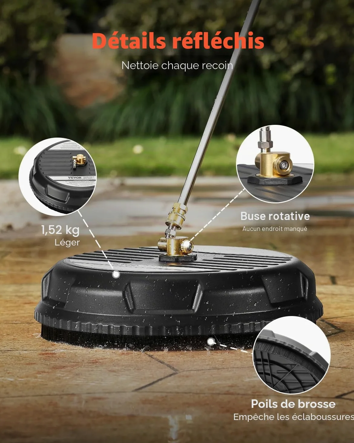 VEVOR Nettoyeur de surface pour nettoyeur haute pression 385 mm, accessoire nettoyeur sol en plastique sur roues, 206 bar max. connecteur 0,635 cm 2 buses de pulvérisation 2 tiges extension pour béton