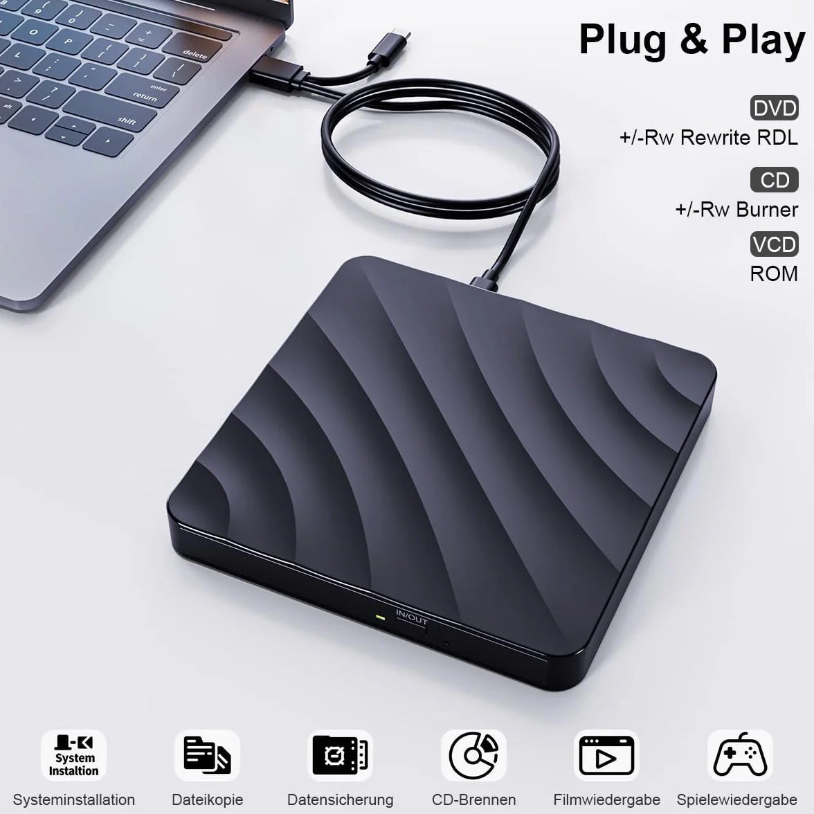 Lecteur CD DVD Externe USB 3.0 Graveur DVD RW pour PC Windows Mac OS Linux