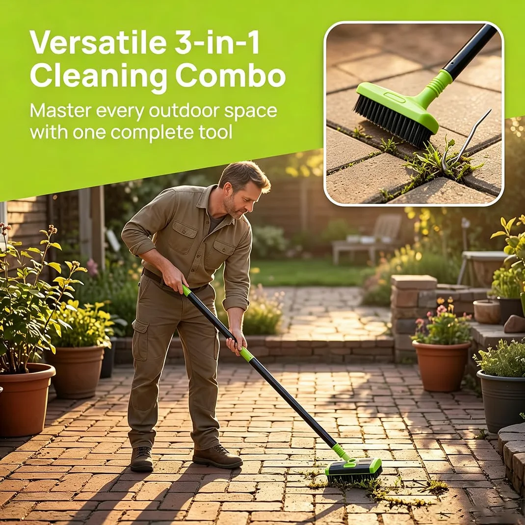 Brosse Désherbante de Terrasse 3-en-1 avec Manche Télescopique 80-140 cm, Brosse de Pavage en Fil d'acier, Grattoir à Joints et Balai pour Pavés, Allées, Terrasses (Orange)