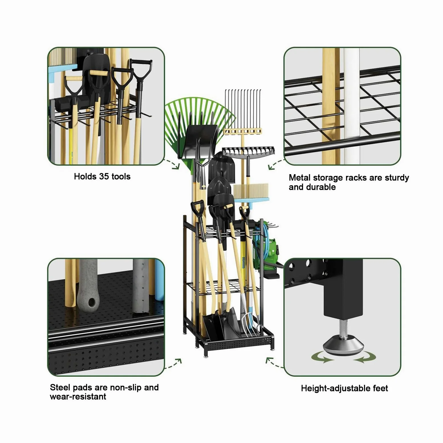 Organisateur d'outils de jardin, support d'outils de jardin en métal, rangement d'outils de jardin, jusqu'à 35 outils, pelles, râteaux, balais, for l'organisation du garage, hangar, extérieur noir