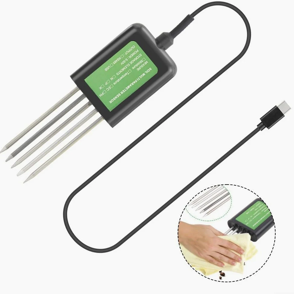 Bodenfeuchtesensor USB 8 en 1 avec PH/EC/Temperatur/Feuchtigkeitsmessung, IP68 wasserdichtes Epoxidharz und Metallsonde, kompatibel mit Android, noir
