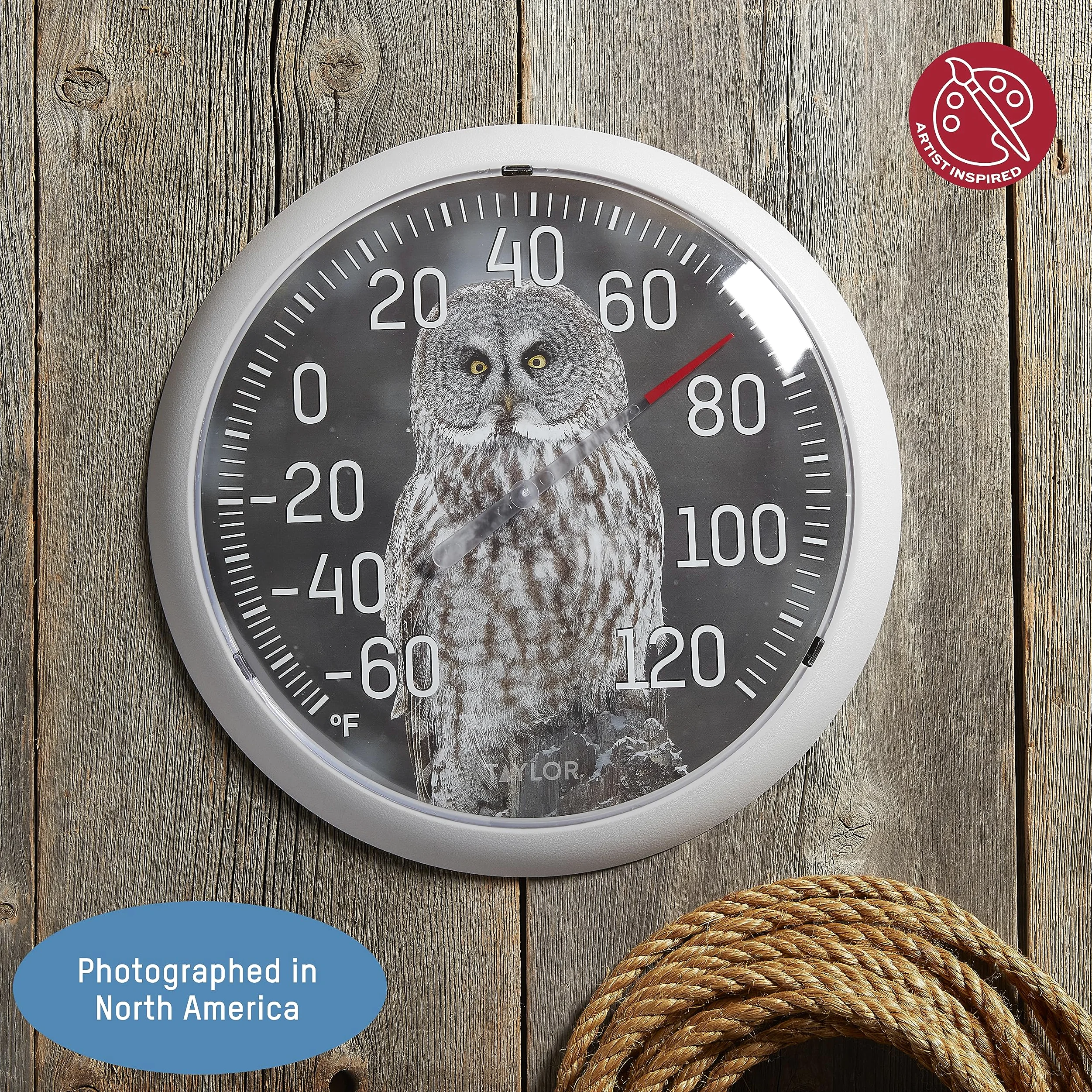 Taylor Nature Series Thermomètre d'intérieur et d'extérieur en forme de hibou, décoration murale facile à lire pour terrasse, piscine, cour, jardin ou garage, 33,2 cm, lunette grise