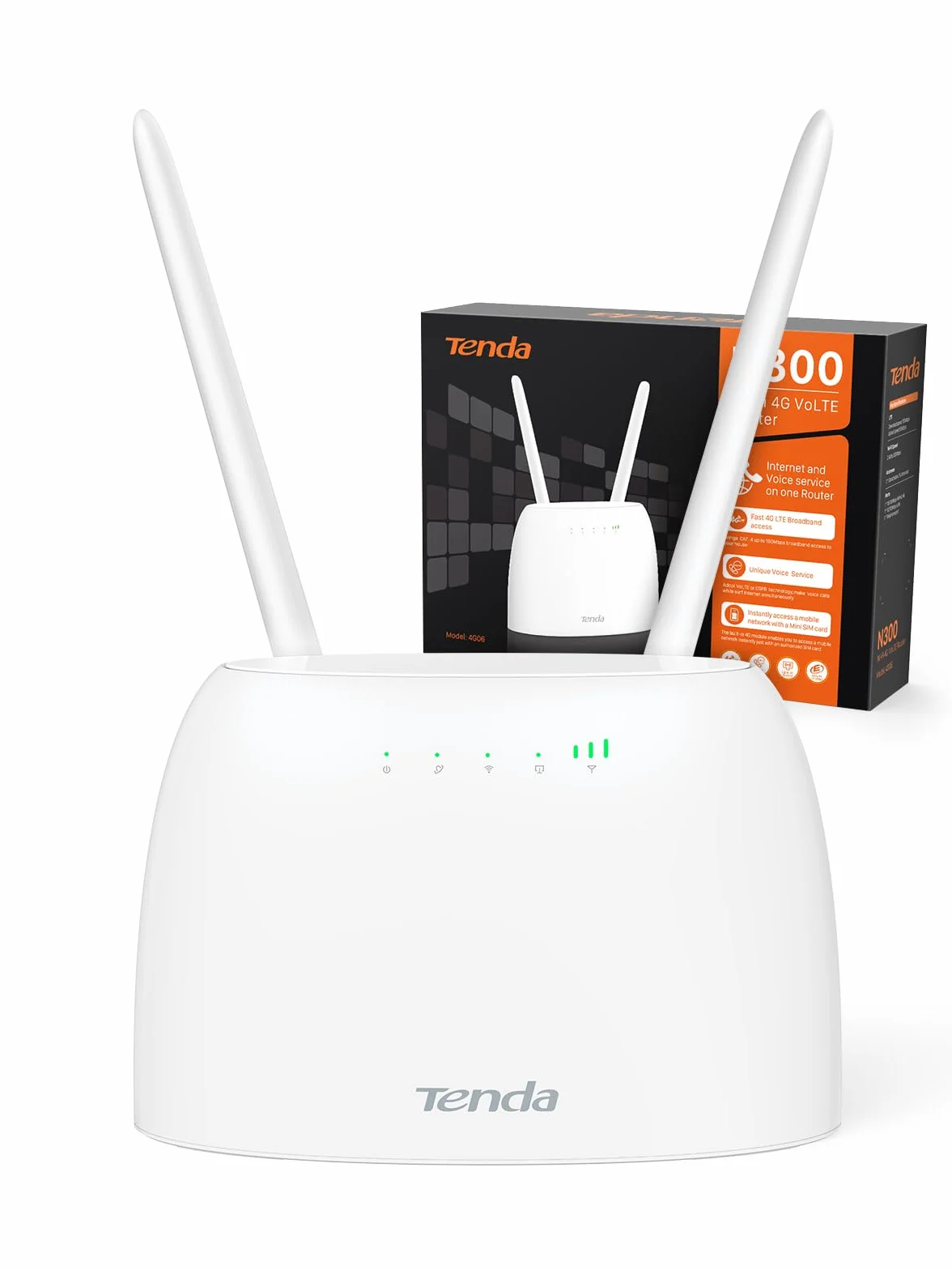 Tenda 4G06 Routeur Modem 4G LTE 300Mbps WiFi avec Téléphonie, Box 4G, 2 Antennes Amovibles, VoLTE, Ports LAN/WAN