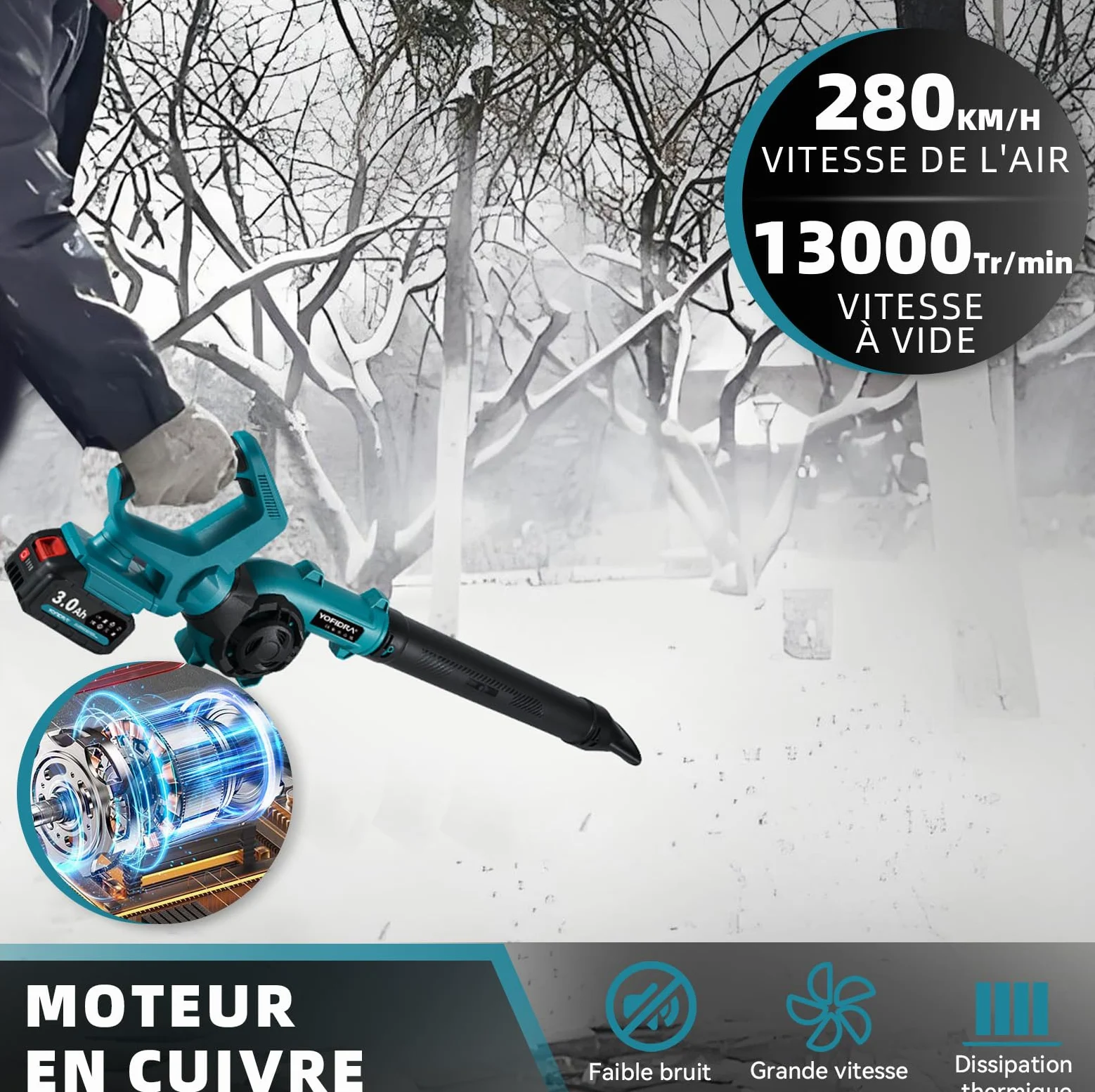 YOFIDRA Souffleur de Feuilles sans Fil avec Batterie 280 km/h, 3 Vitesses | 13 000 TR/Min Souffleur,avec 2 Batteries 3,0 Ah, Poignée Réglable à 270°, Double Entrée d’Air, pour Cour, Pelouse, Jardin
