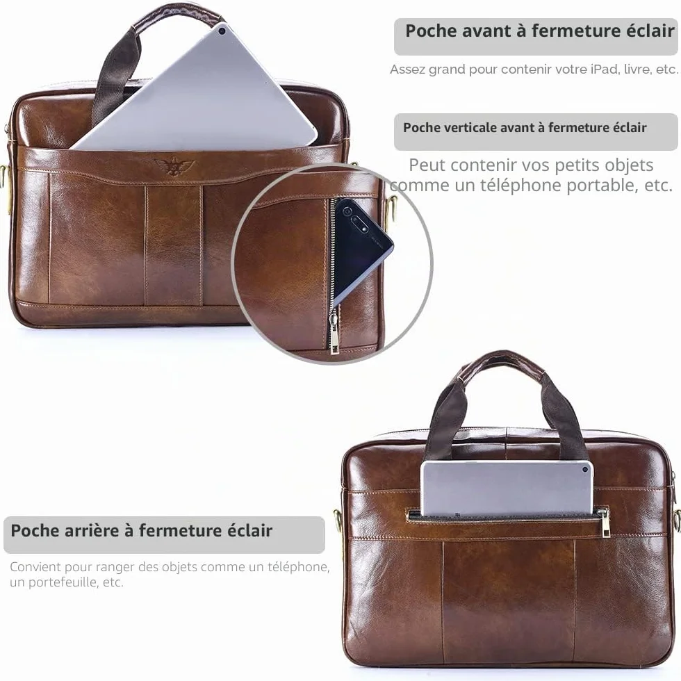 Sacoche Ordinateur Homme Cuir Véritable 15,6 Pouces Bandoulière Sac Porte Document Business