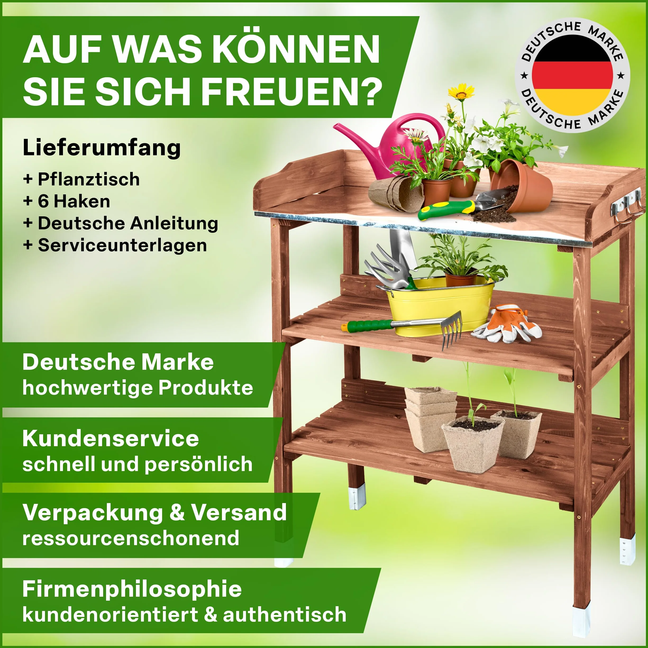 TTL Garden Planter Deluxe Table de jardinage 3 tiroirs plan de travail galvanisé extérieur résistante intempéries étagère 6 crochets bois sapin marron