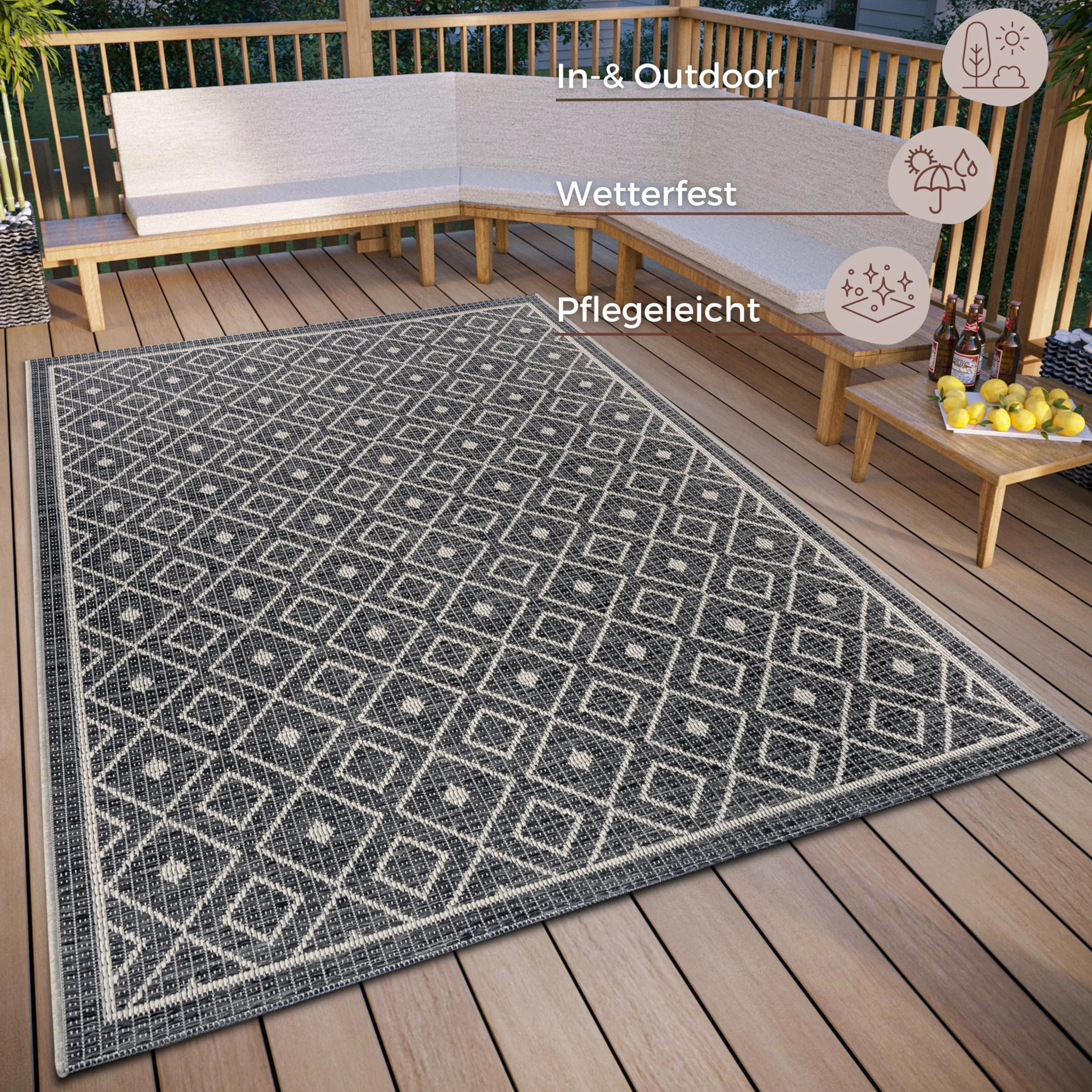 HANSE Home Lahal Tapis d'extérieur résistant aux intempéries, Motif géométrique Moderne, en Losanges, imperméable, Robuste, Tissu Plat, pour Jardin, Balcon, terrasse, Salon, Gris Beige, 190 x 290 cm