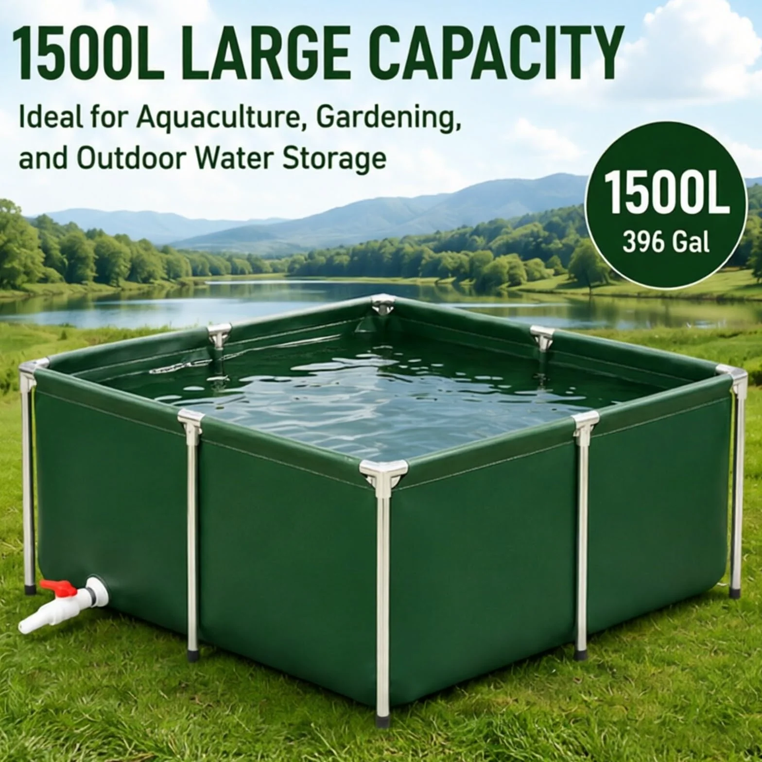 Bassin à carpes koï pliable en PVC avec acier galvanisé et étanche pour la culture de l'arrière-cour et l'élevage des poissons en plein air 200 x 200 x 40 cm (vert)