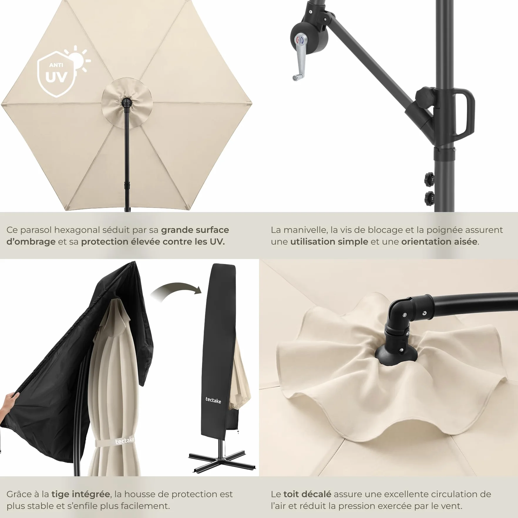 Tectake Parasol déporté 3x3 m Pivotant 360° Inclinable 90°-135° Protection UV 50+ Double-toit Jardin Terrasse