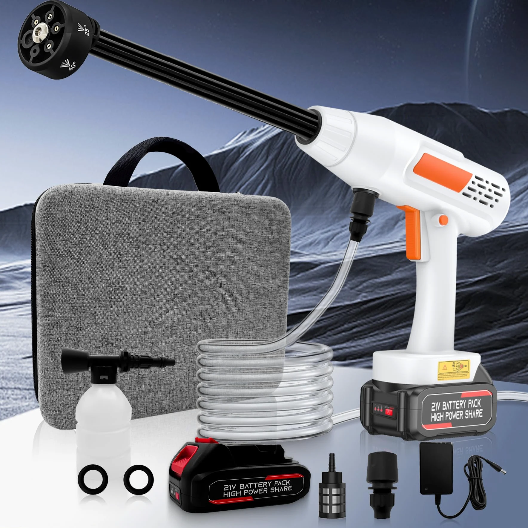Nettoyeur Haute Pression sans Fil avec Buse 6 en 1, Nettoyeur Haute Pression sur Batterie Max. Pression 435 PSI, avec Cran de Sécurité, Tuyau de 5M, 300 L/H, pour Voiture, Jardin