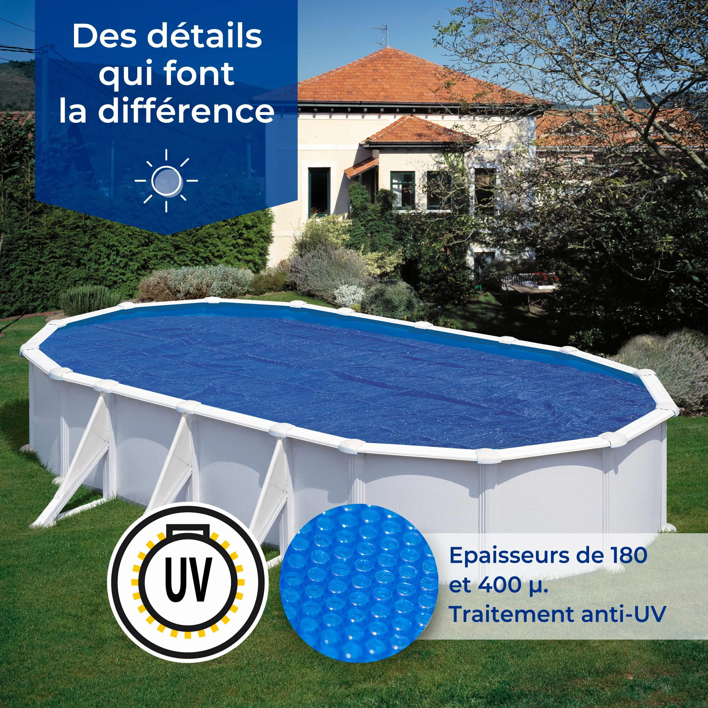 GRE 773324 - Bâche d'été pour piscines ovales de 610x375cm, épaisseur 400µ, Couleur Bleue
