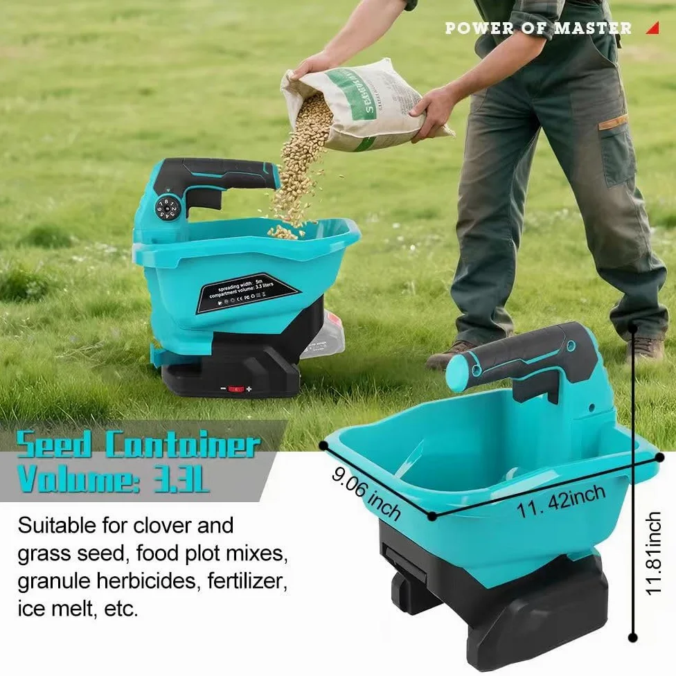Épandeur d'engrais sans fil - Épandeur électrique portable pour pelouse - 3,3 l - Avec largeur d'épandage de 5 m - 6 vitesses, 8 niveaux de diffusion - Puissance de surface de 800 m² - Épandeur manuel