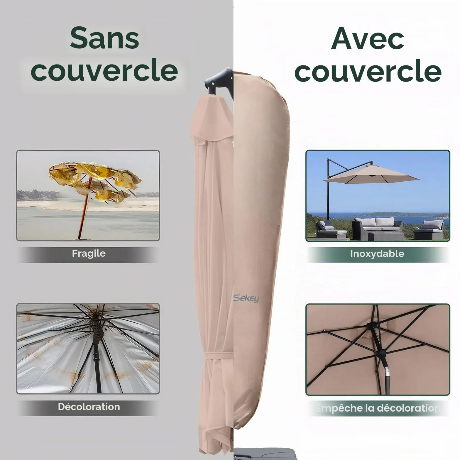 Sekey Parasol Capuchon de Protection 265×48/70 cm Polyester 100% Etanche Résistant aux UV