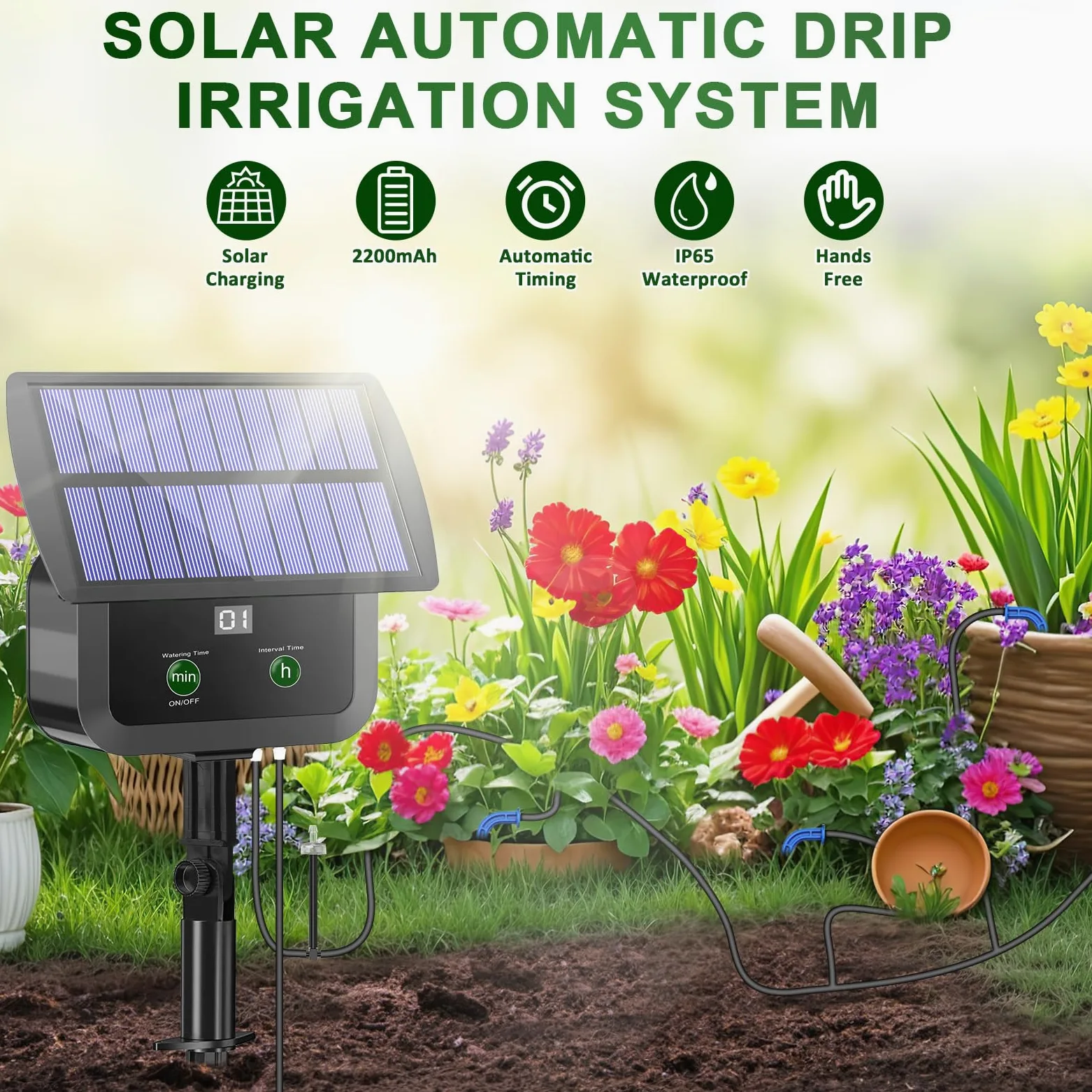 Kit de système d'irrigation goutte à goutte solaire, système d'arrosage automatique avec 30 modes de fonctionnement et 10 intervalles d'arrosage prend en charge 15 plantes en pot, kit d'irrigation