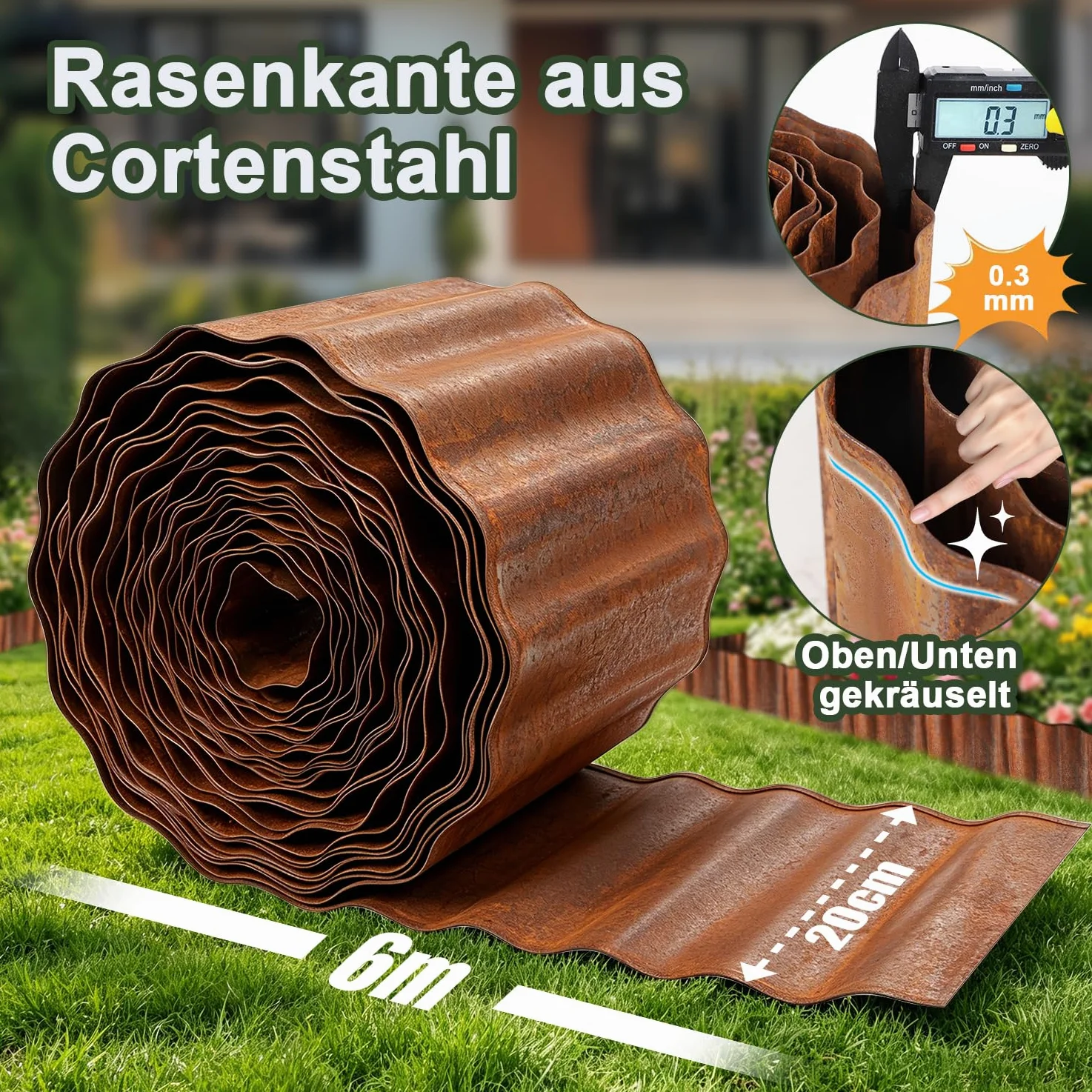 Nuyoah Bordure de pelouse en métal Corten - 20 cm x 6 m - Bordure de parterre en acier court - Bordure de pelouse flexible - Aspect rouille - Brise-vue de pelouse - Résistant aux intempéries - Pour