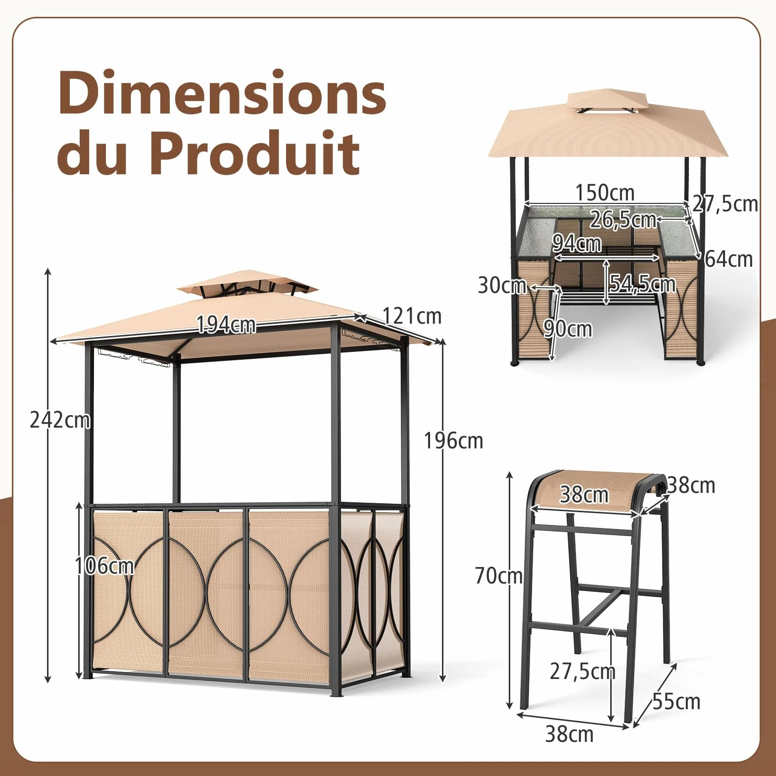 GOPLUS Abri Barbecue avec Bar d'Extérieur, Table de Bar en Verre Trempé, 2 Tabourets, 194 x 121 x 242 cm