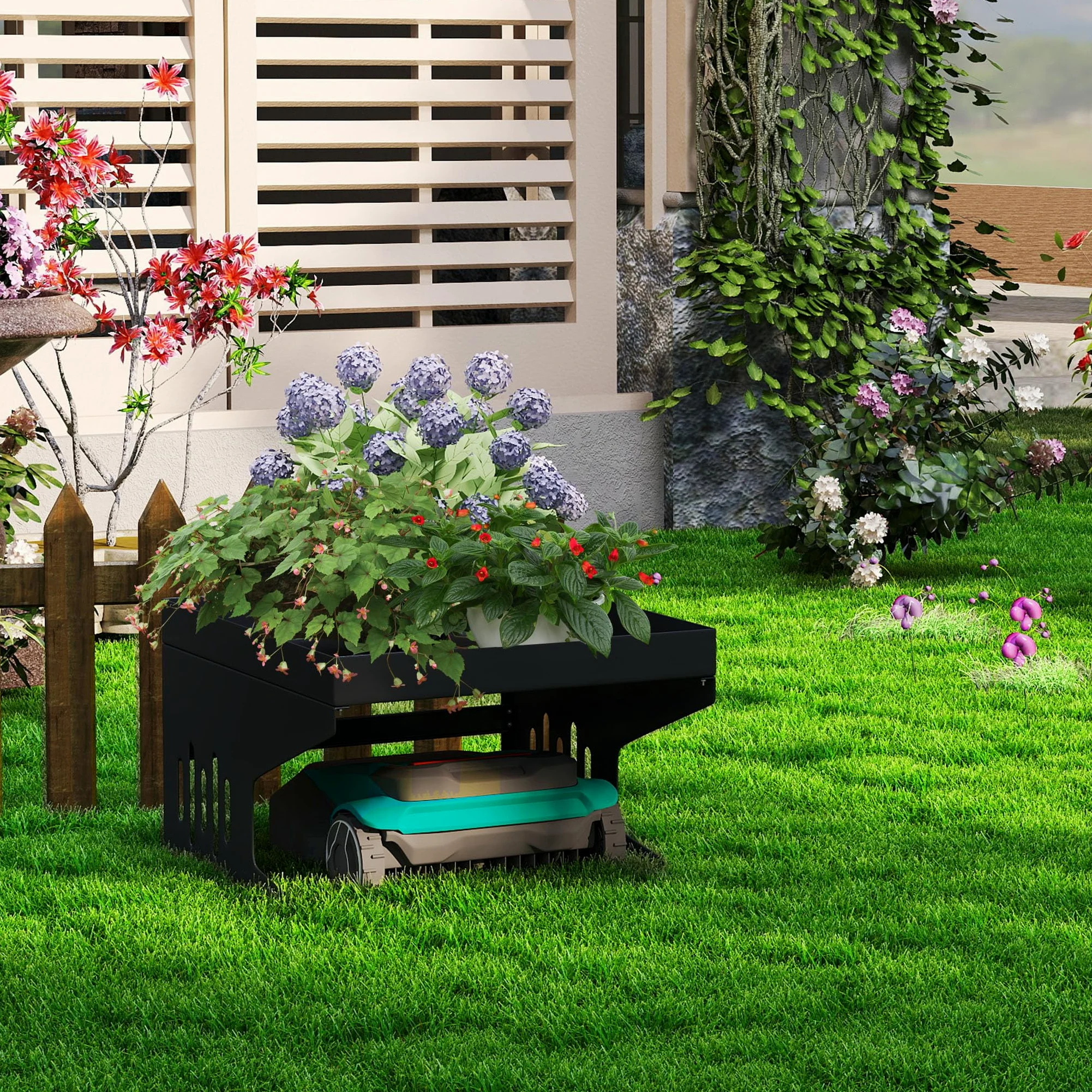 Toit de garage pour tondeuse robot - 70 x 60 x 43 cm - En métal - Protection contre la pluie et le soleil - Avec bac à plantes - Résistant aux intempéries - Pour la plupart des robots à gazon