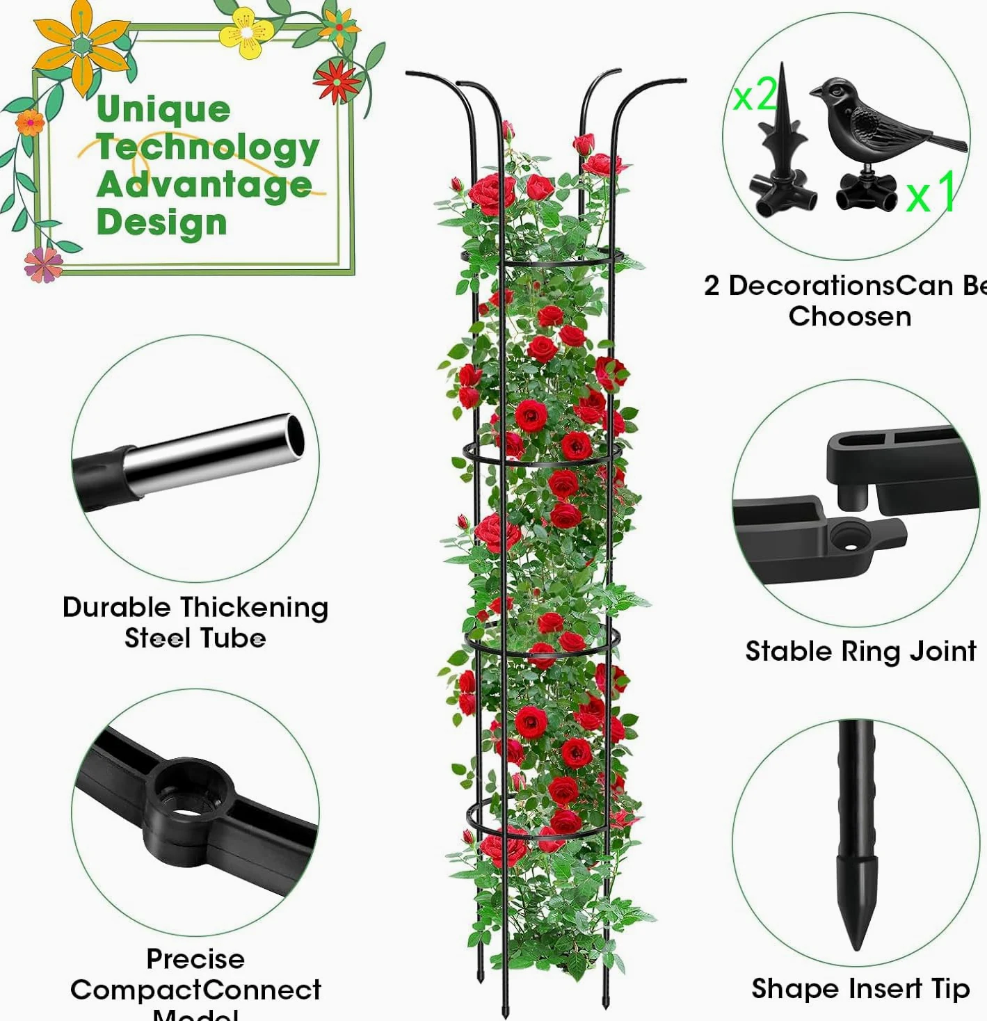 MQUPIN Tower Obélisque Treillis pour Plantes grimpantes de Jardin 150 cm - Obélisque en U Durable - Noyau en métal - Framboises - Amovible