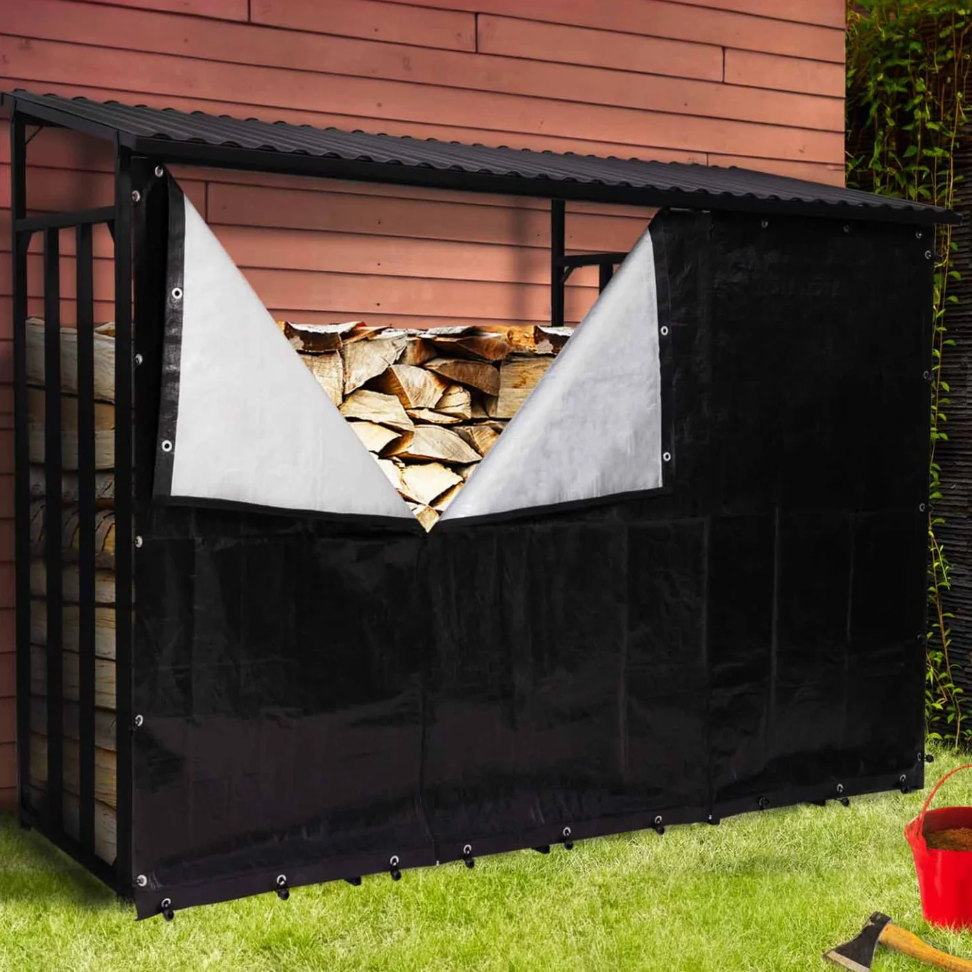 Abri de Stockage en Acier Galvanisé pour Bûches L. 274 cm avec Housse de Protection