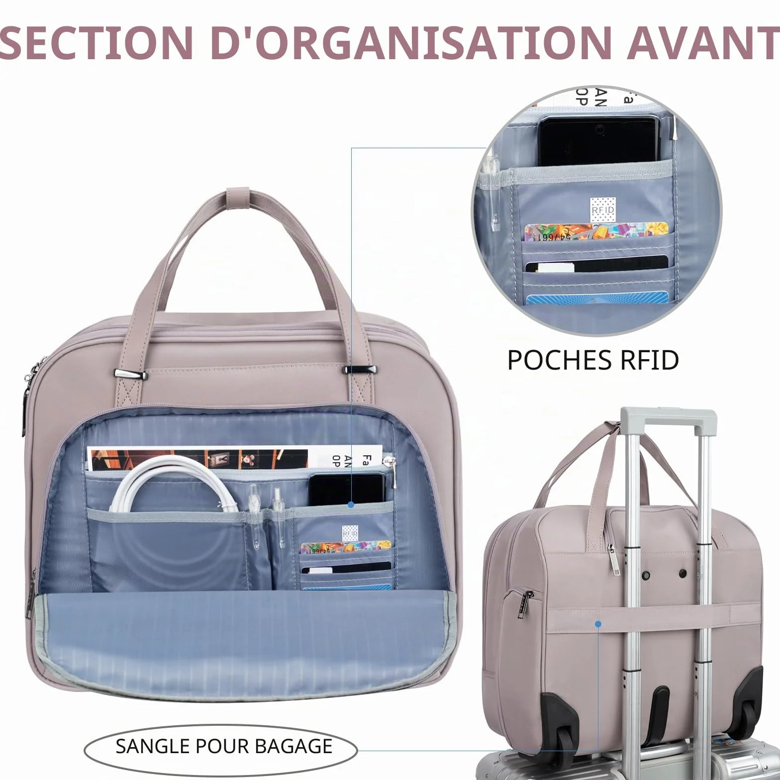 EMPSIGN Sacoche à roulettes pour Ordinateur Portable 15,6 Pouces Imperméable Trolley avec Poches RFID, Rose