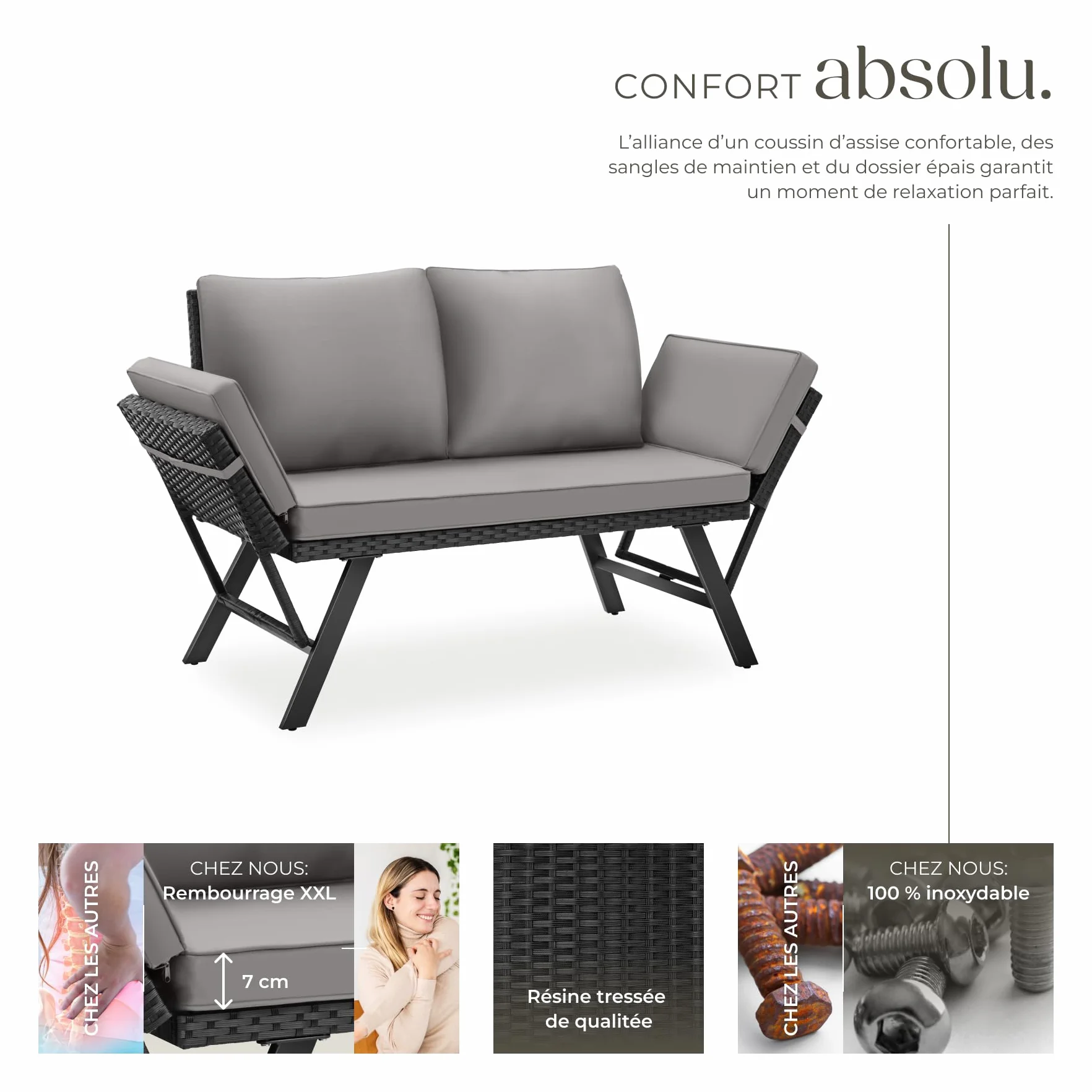 Tectake Salon de Jardin Exterieur 2en1 Canapé 2 Places Bain de Soleil en Résine Tréssée