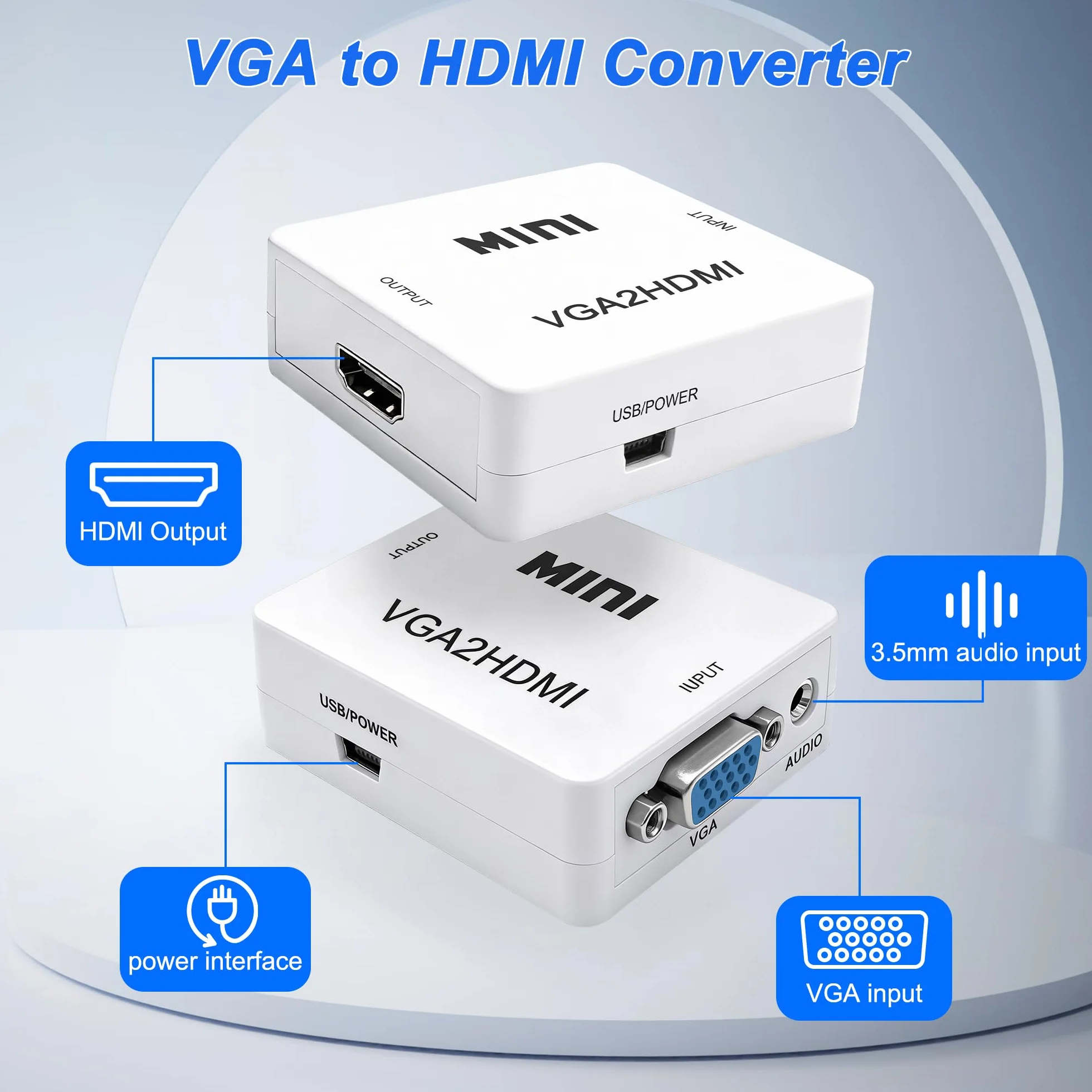 Convertisseur VGA vers HDMI 1080p avec port audio 3,5 mm pour PC, ordinateur portable, projecteur (blanc)