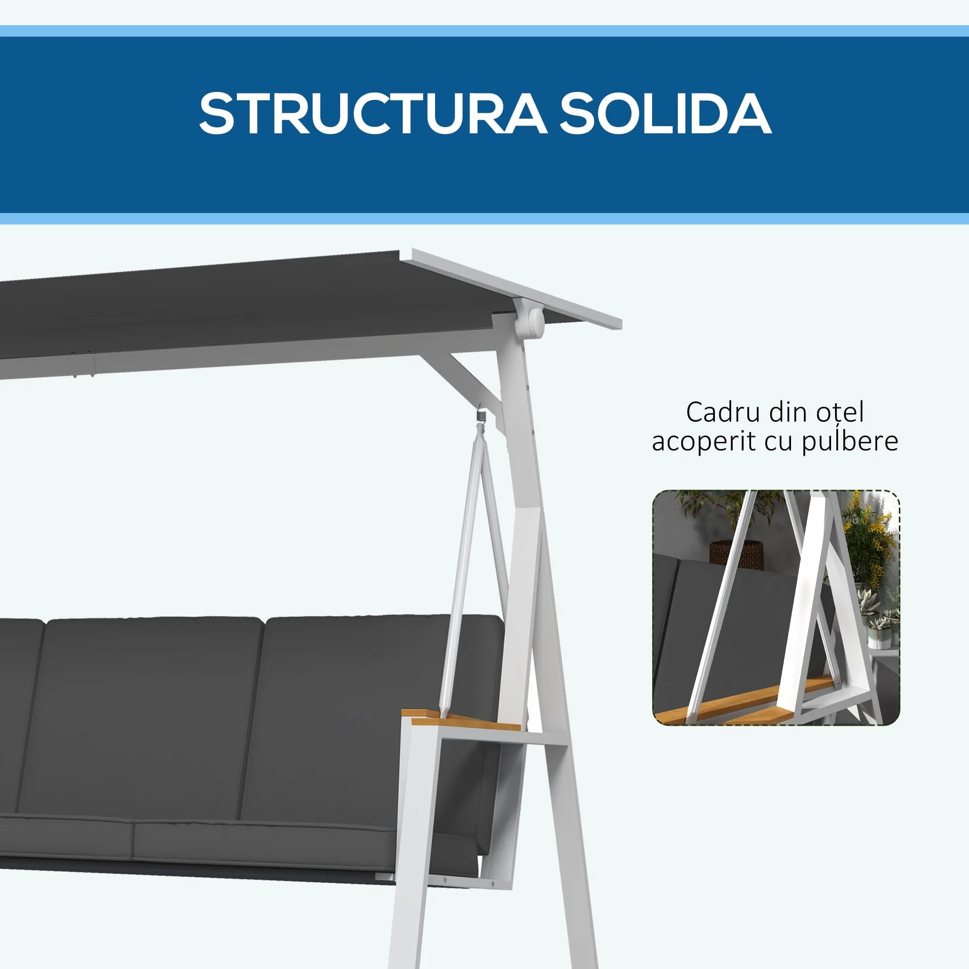 Outsunny Balancelle de Jardin 3 Places Toit Inclinaison réglable Matelas 205x130x175 cm Cadre Acier Gris