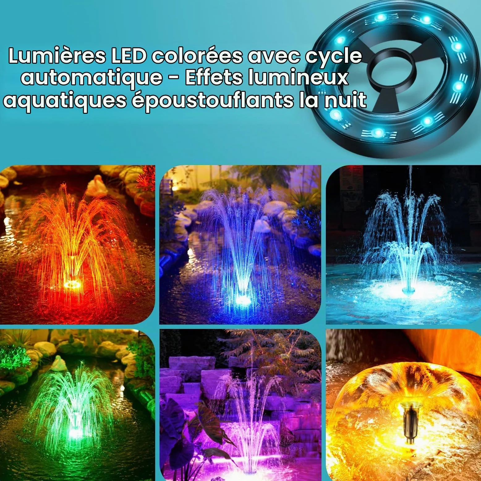 POPOSOAP Kit fontaine de bassin RGB + filtre, Pompe filtrante 2500 L/H avec LED RGB cycliques et débit réglable, Décor aquatique d’extérieur pour bassins de jardin