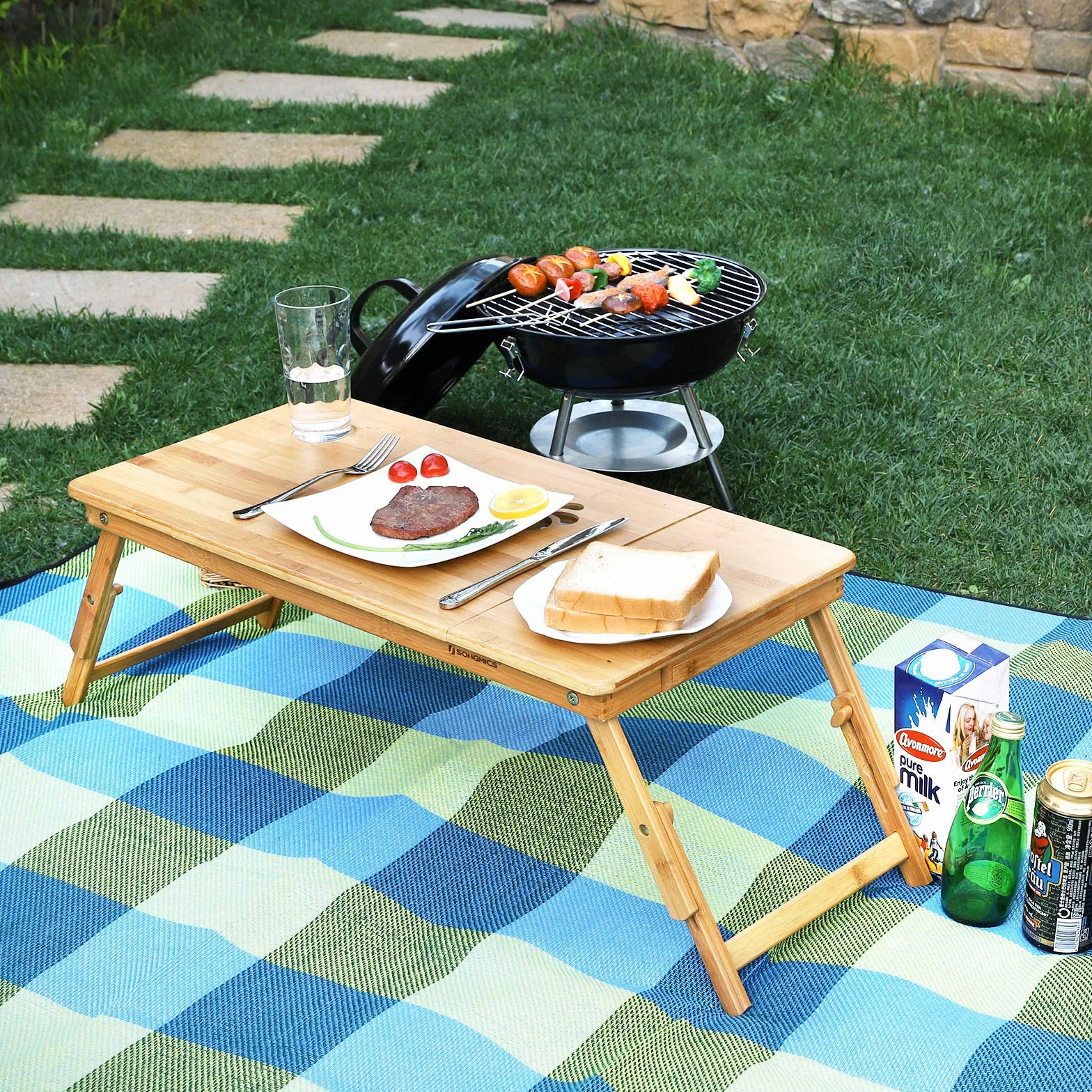 SONGMICS Table de lit pliable en bambou pour ordinateur portable, Plateau ajustable 5 positions, 72 x 21-29 x 35 cm, Tiroir LLD004