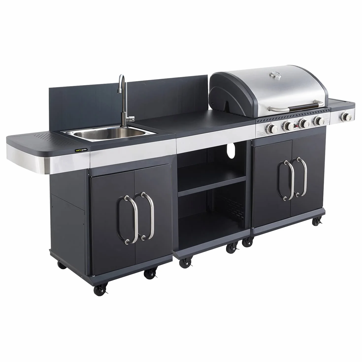 Cook'in Garden FIDGI 4 Barbecue au Gaz 4 Brûleurs avec Thermomètre Meuble Évier Structure Métal Noir
