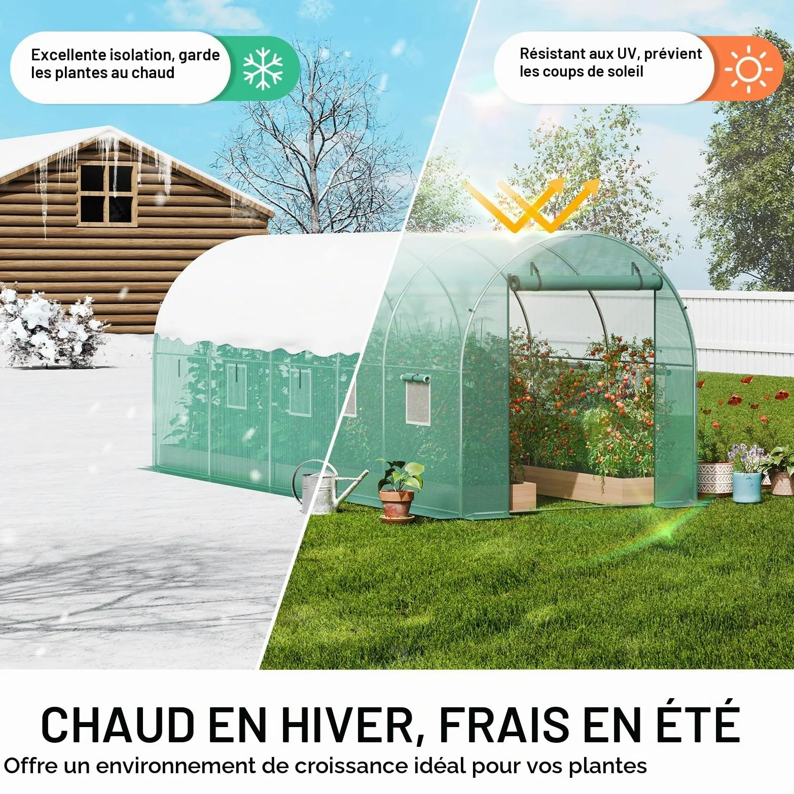 VEVOR Serre Tunnel Jardin, 445x194x192 cm, Tente Abri Plantes avec Cadre en Acier Galvanisé, Couverture en PE Verte, Porte à Glissière Enroulable, 8 Fenêtres, pour Extérieur Cultiver Légumes Fleurs