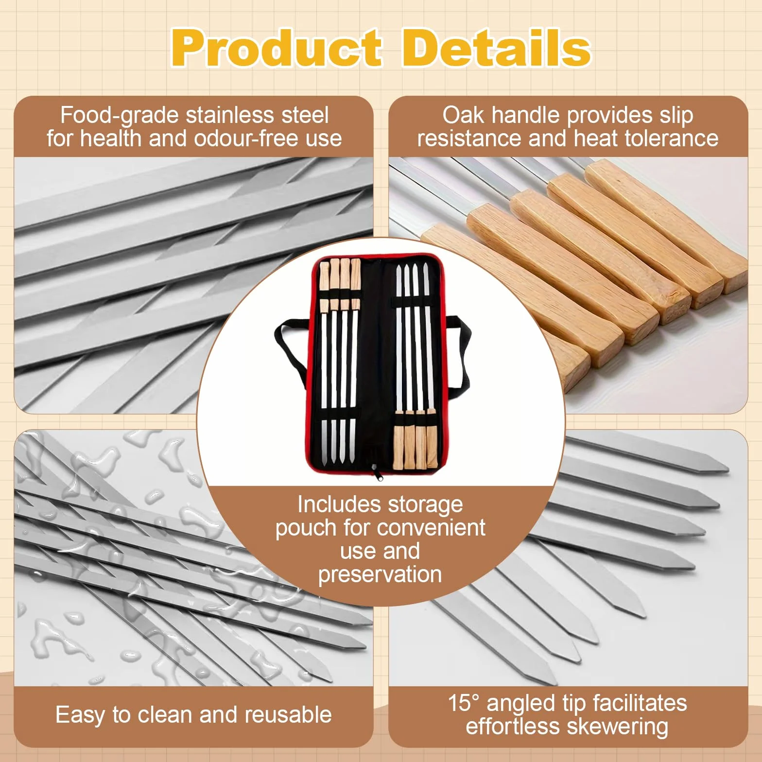 Brochettes barbecue acier inoxydable 410 44cm réutilisables manche chêne 8 pièces