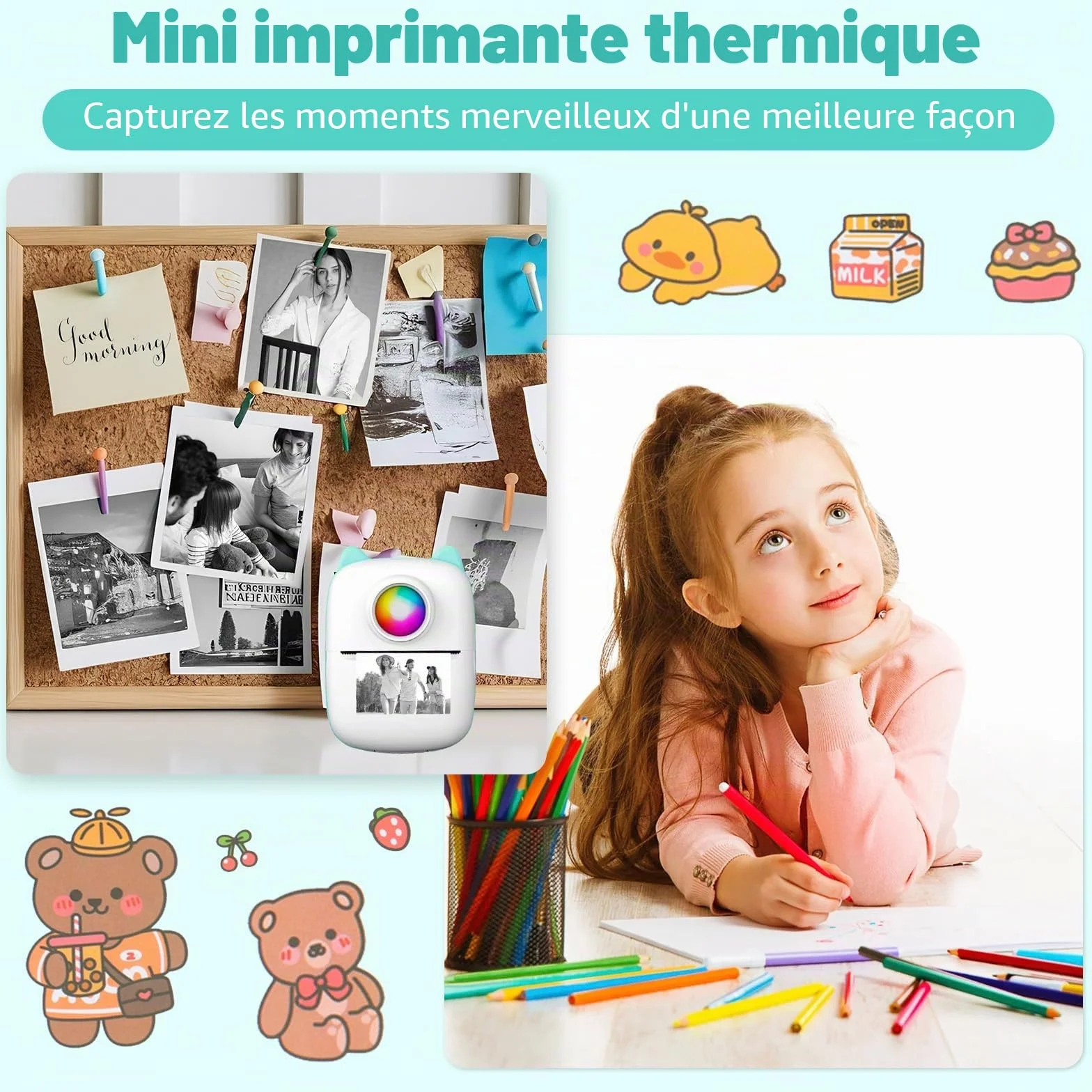 Mini Imprimante Thermique Portable Bluetooth sans Encre iOS Android Bleu