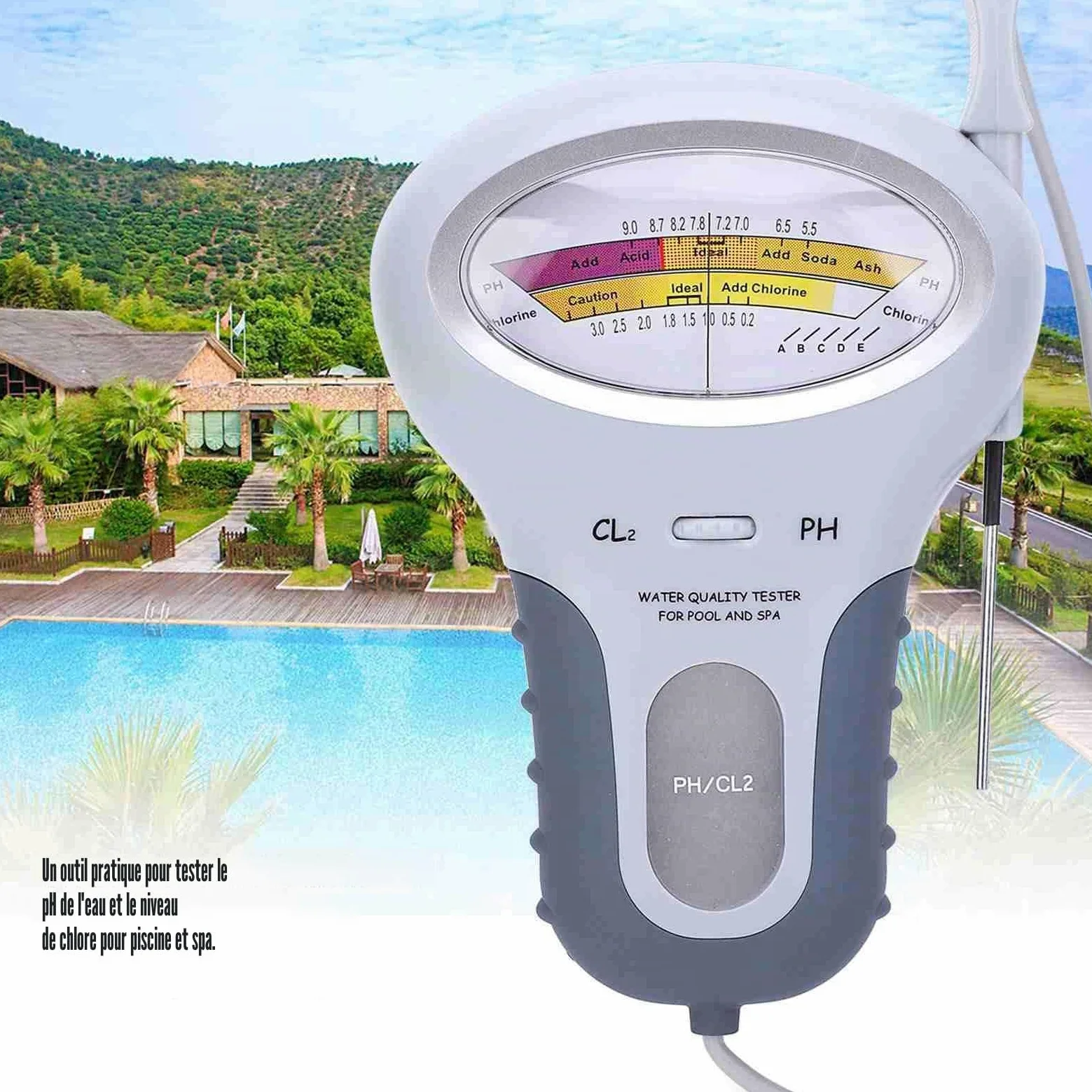 SEAFRONT Testeur PH Piscine Electronique Mesure PH et Chlore Analyseur Professionnel de Chlore et de PH PC-102B CL2 avec Analyseur de Qualité de l'eau à Sonde pour Piscine SPA